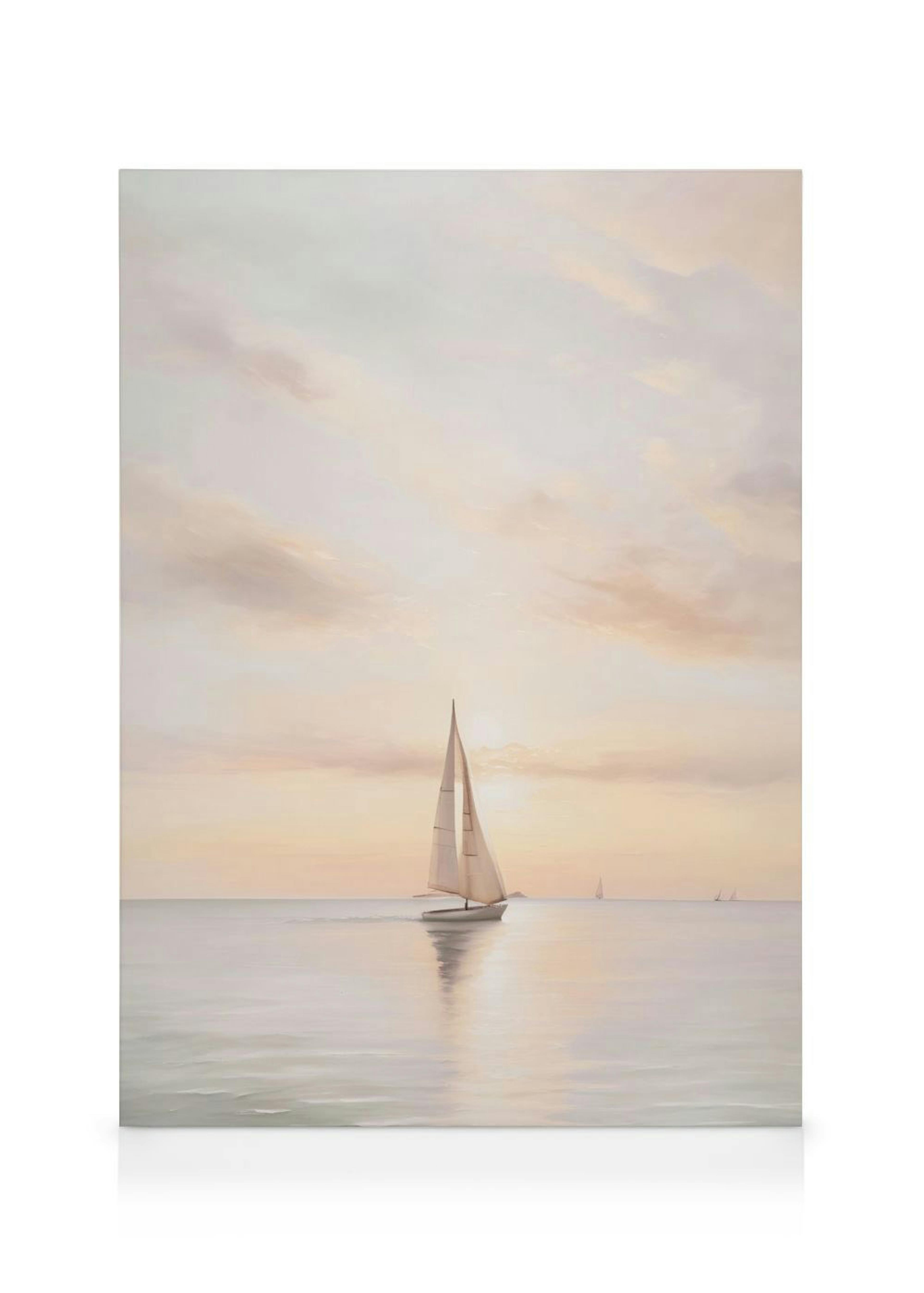 A serene sailing boat canvas, showcasing a sailboat on calm water with a soft, pastel sunset sky.