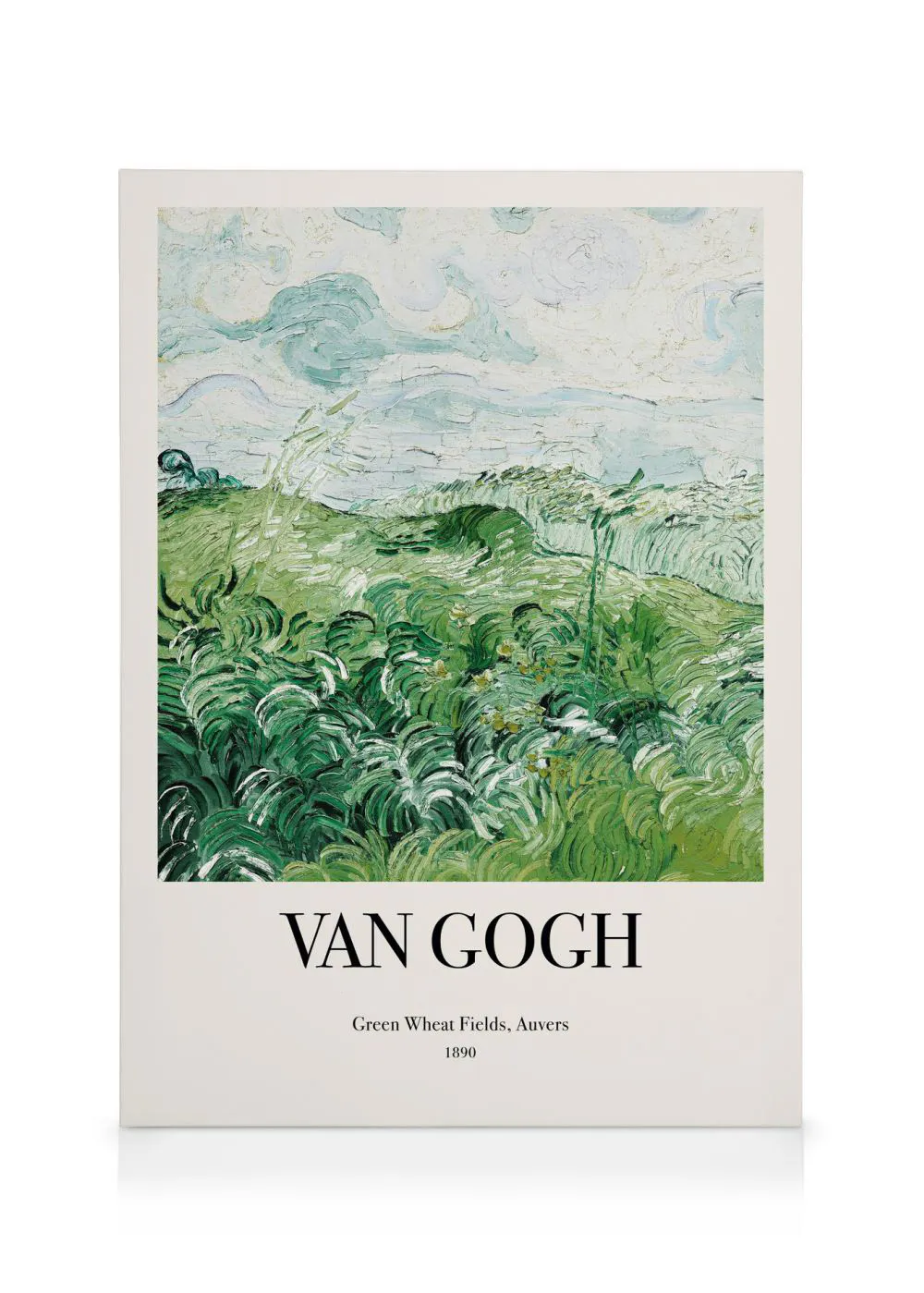 A canvas featuring Van Goghs Green Wheat Fields, Auvers painting, with a light blue sky and vibrant green field.