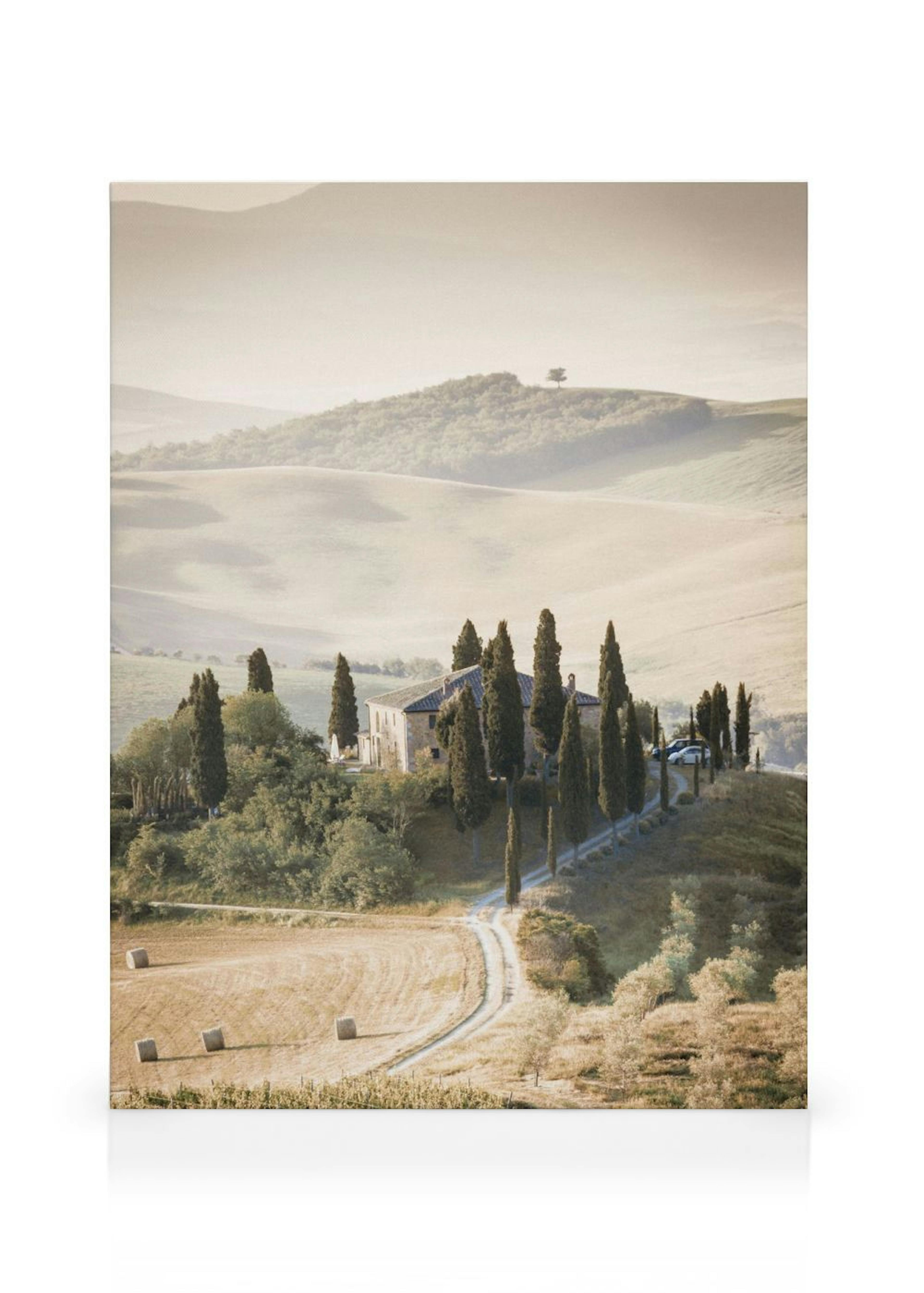 A Tuscan landscape canvas featuring a stone farmhouse surrounded by tall cypress trees and rolling hills.