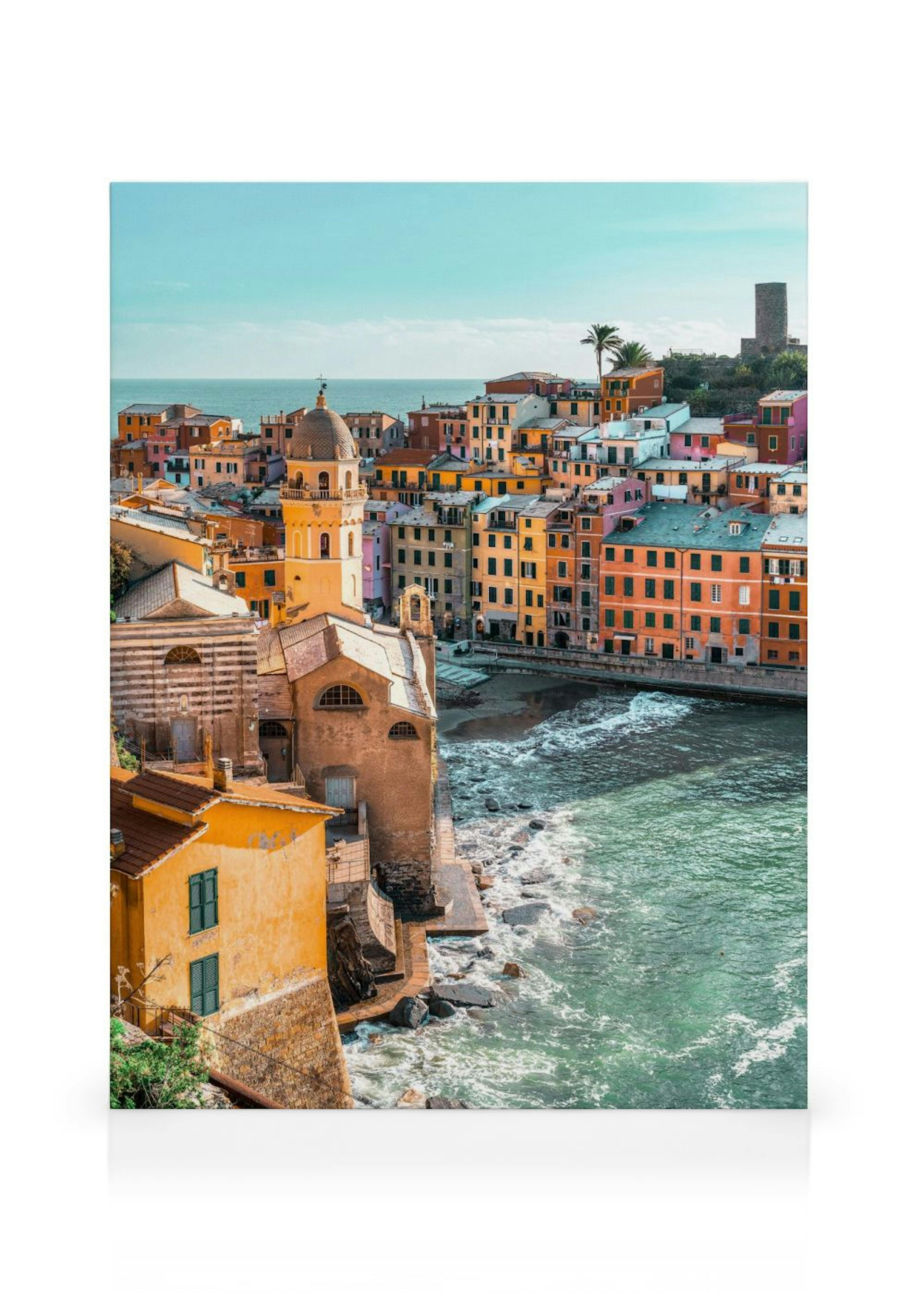 A vibrant canvas of Vernazza, Italy with colourful buildings, a church, and crashing waves by the coast.