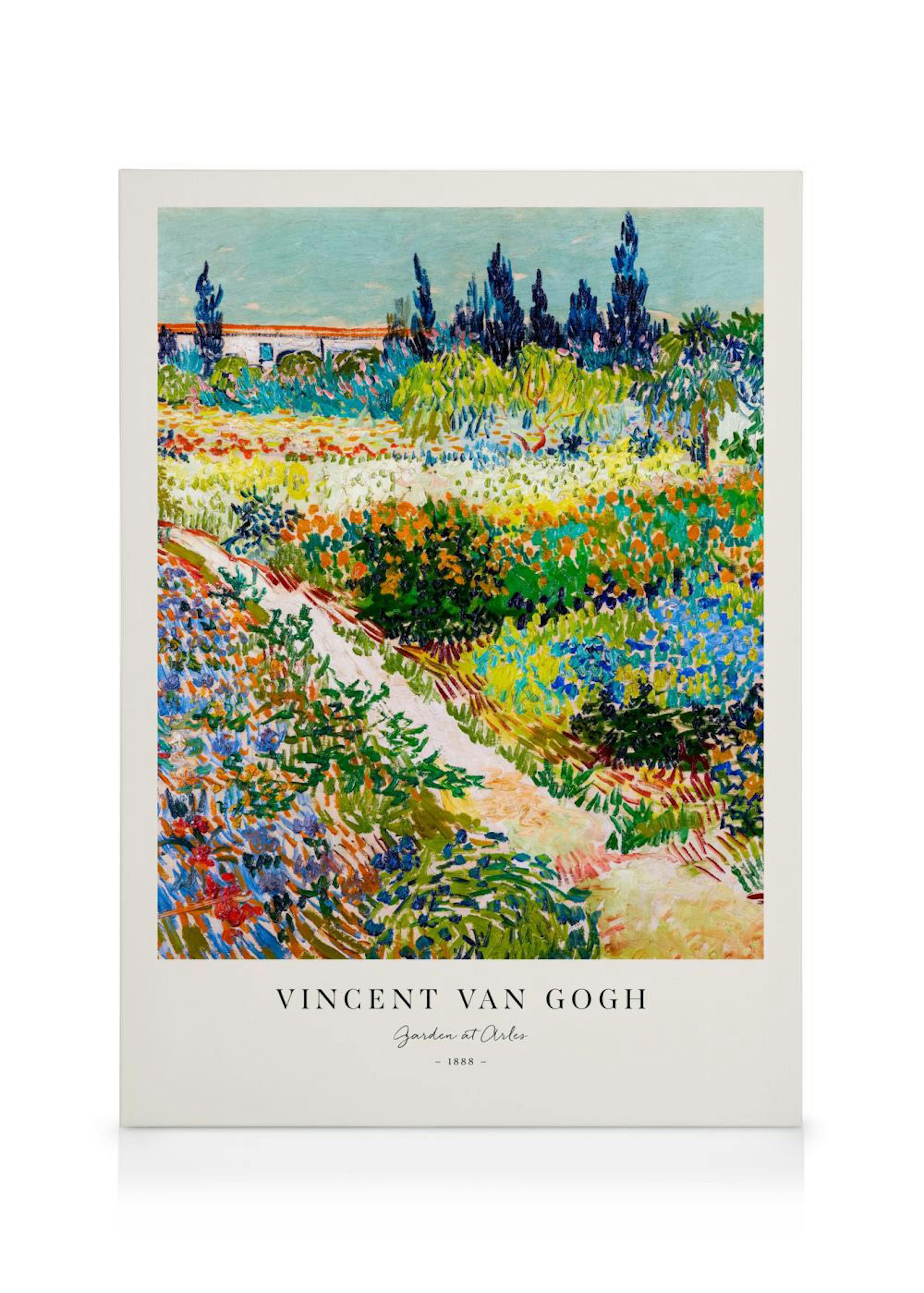 A colorful impressionist canvas depicting Van Goghs Garden at Arles, featuring a vibrant garden path and lush foliage.