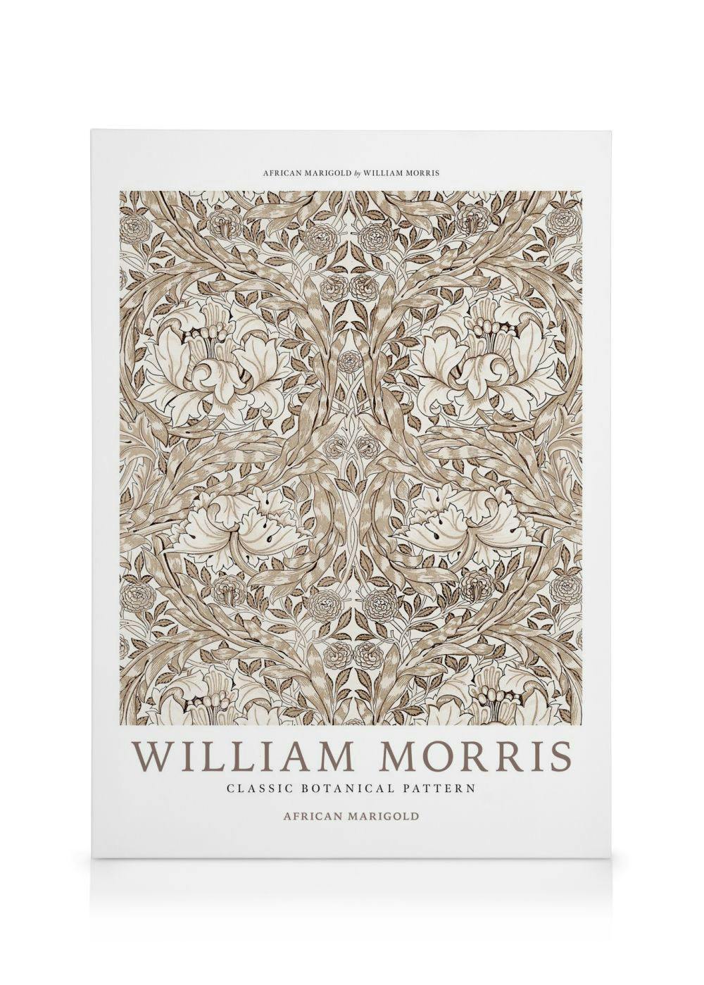 En canvastavla med ett klassiskt botaniskt mönster av William Morris i bruna och beiga nyanser.