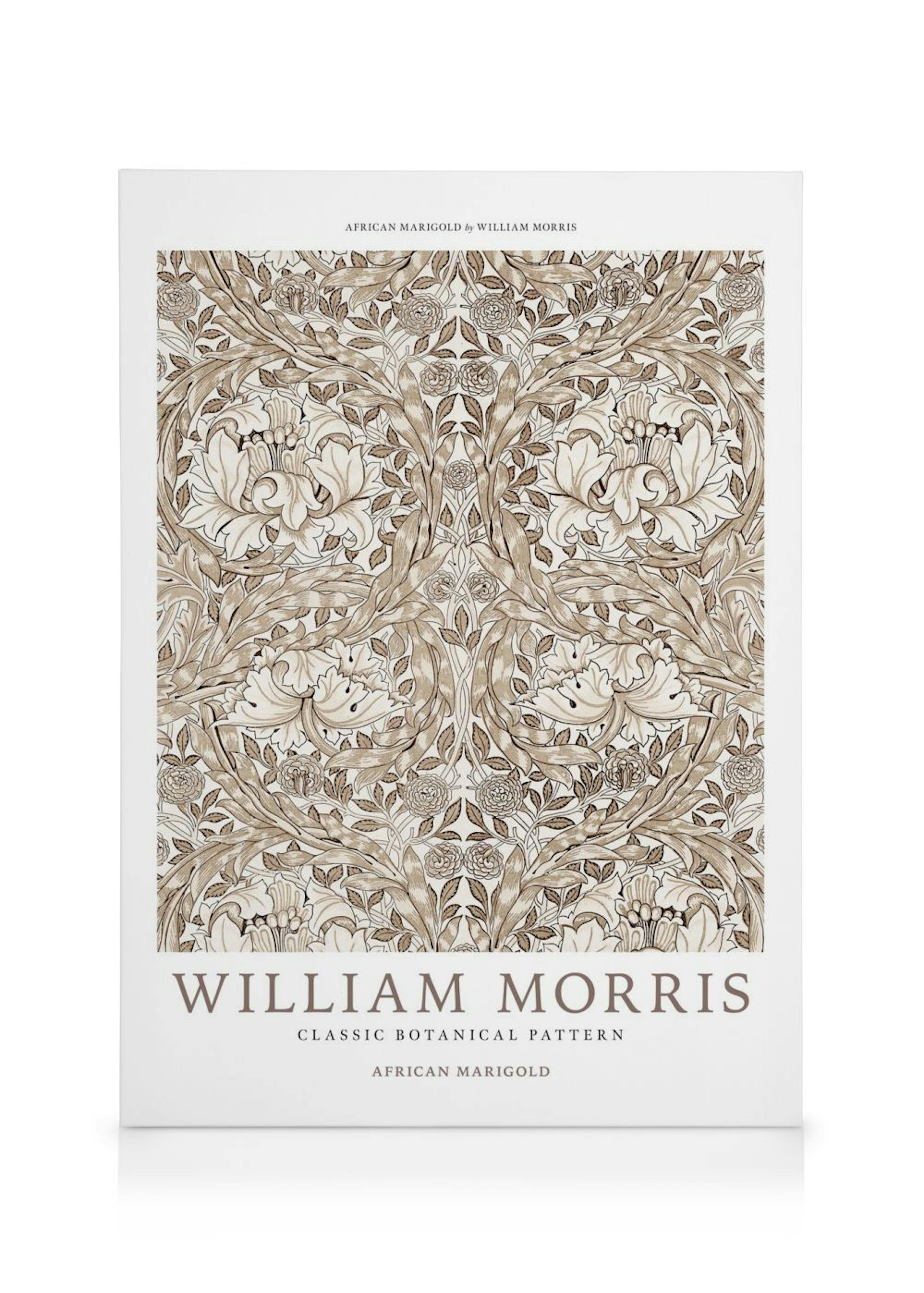 En canvastavla med ett klassiskt botaniskt mönster av William Morris i bruna och beiga nyanser.
