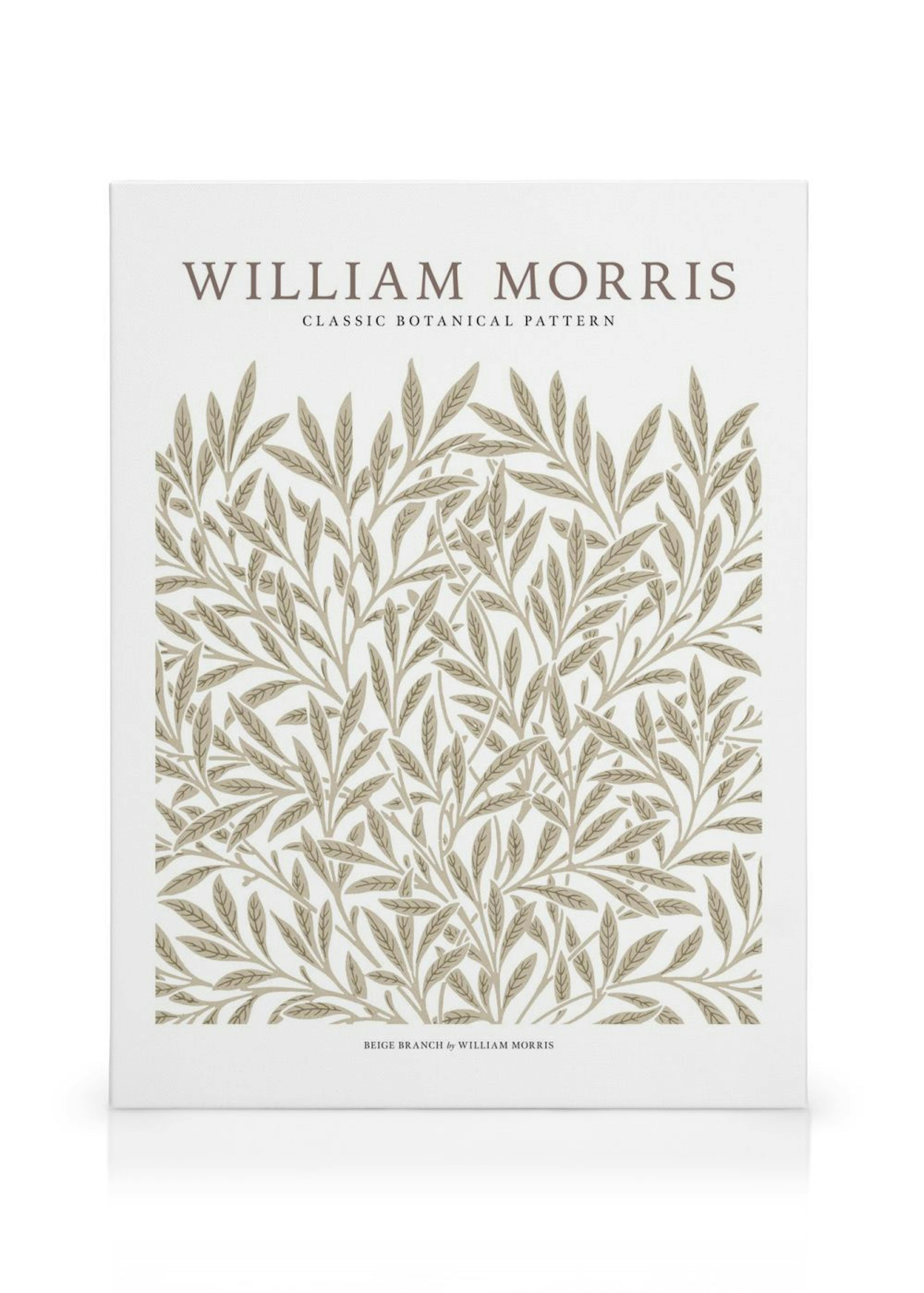 William Morris beige botanical pattern canvas, featuring a dense design of leaves and branches.