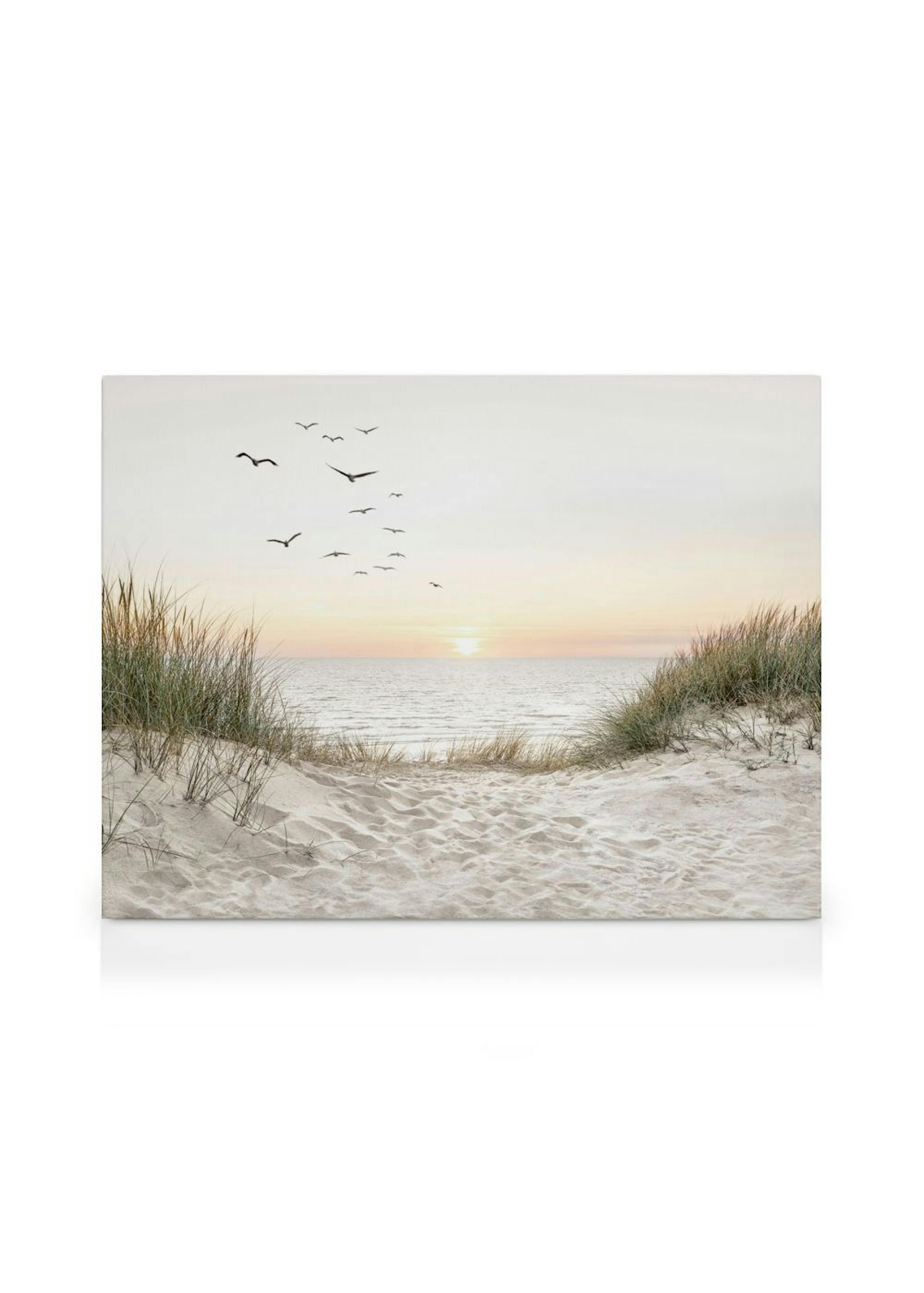 A serene beach landscape canvas with sand dunes and tall grass, overlooking a calm ocean at sunset with birds flying in the sky.
