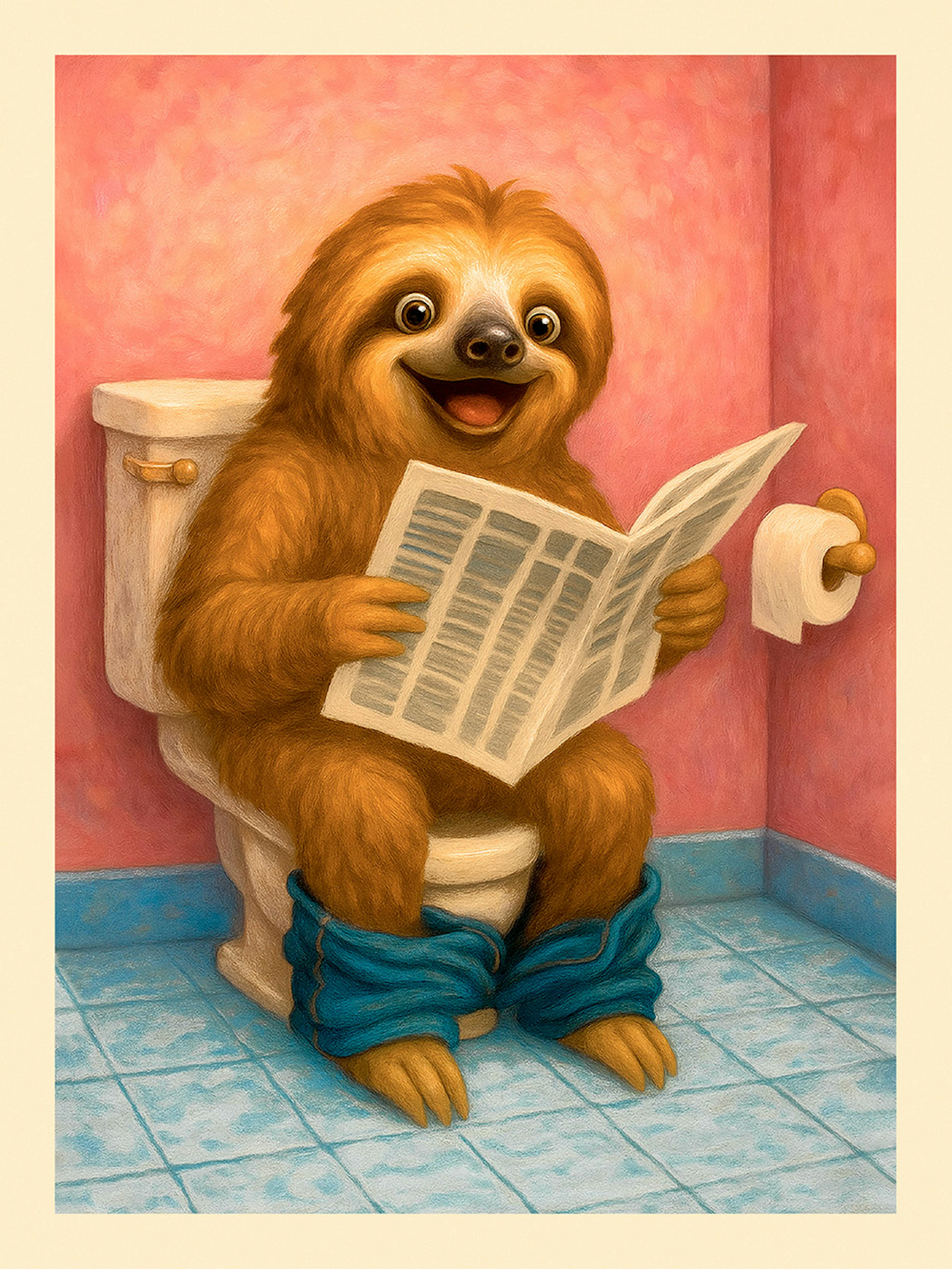 A humorous poster of a happy brown sloth sitting on a toilet reading a newspaper.