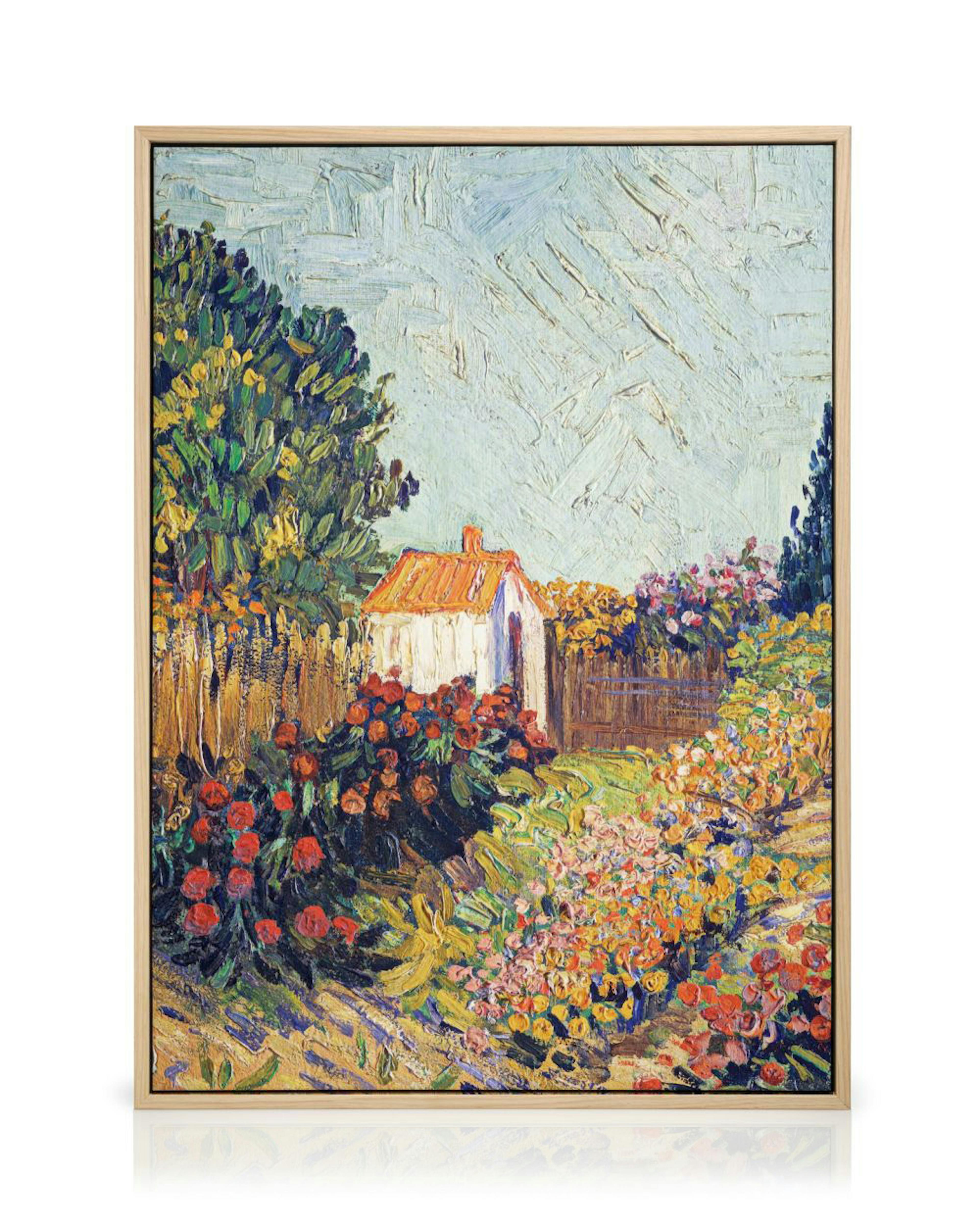 Leinwandbild im Stil Van Goghs mit einem Gartenhaus und bunten Blumen, umgeben von üppigem Grün.