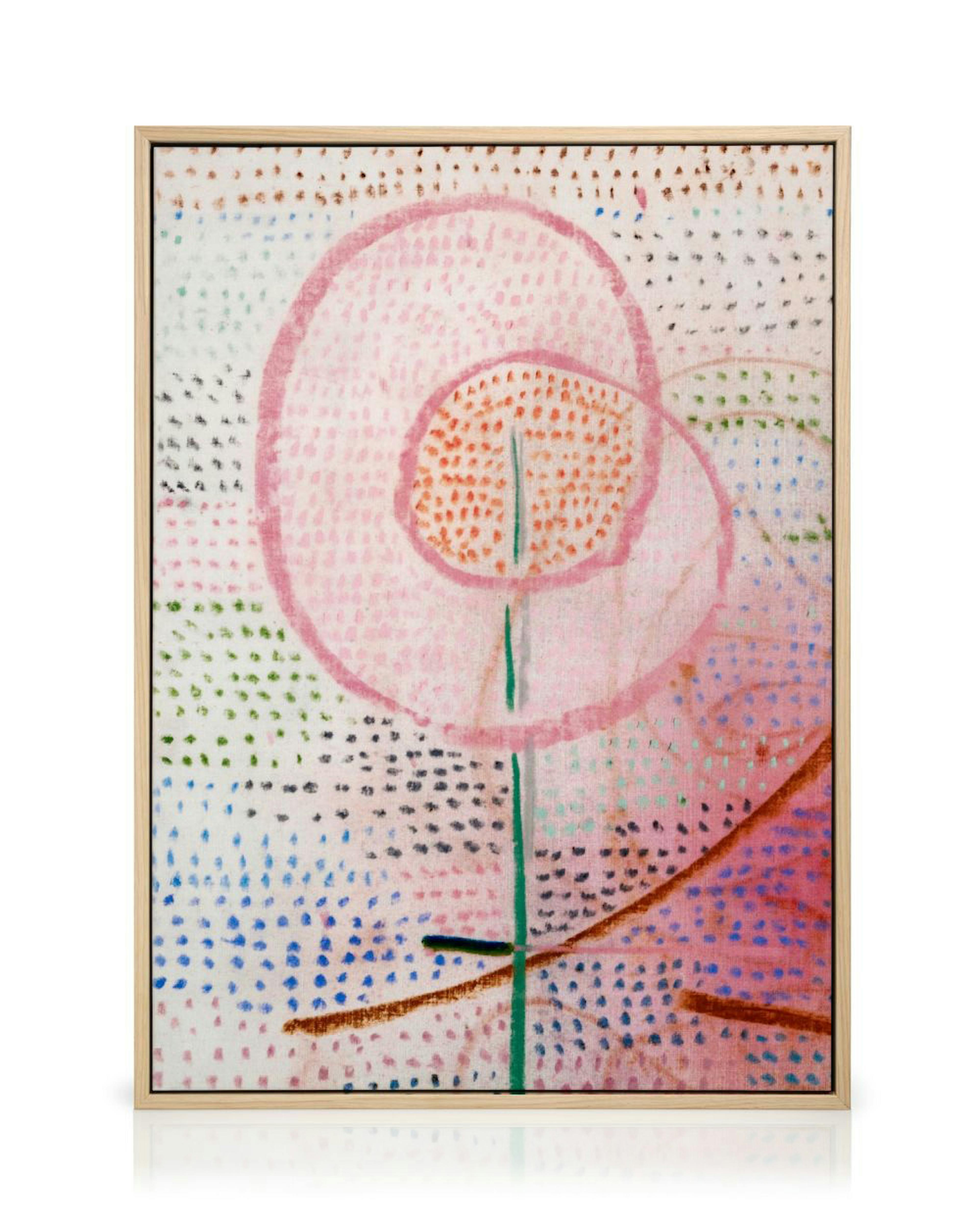 Toile florale abstraite rose poudré avec des motifs pointillistes colorés et des lignes vertes et marron.
