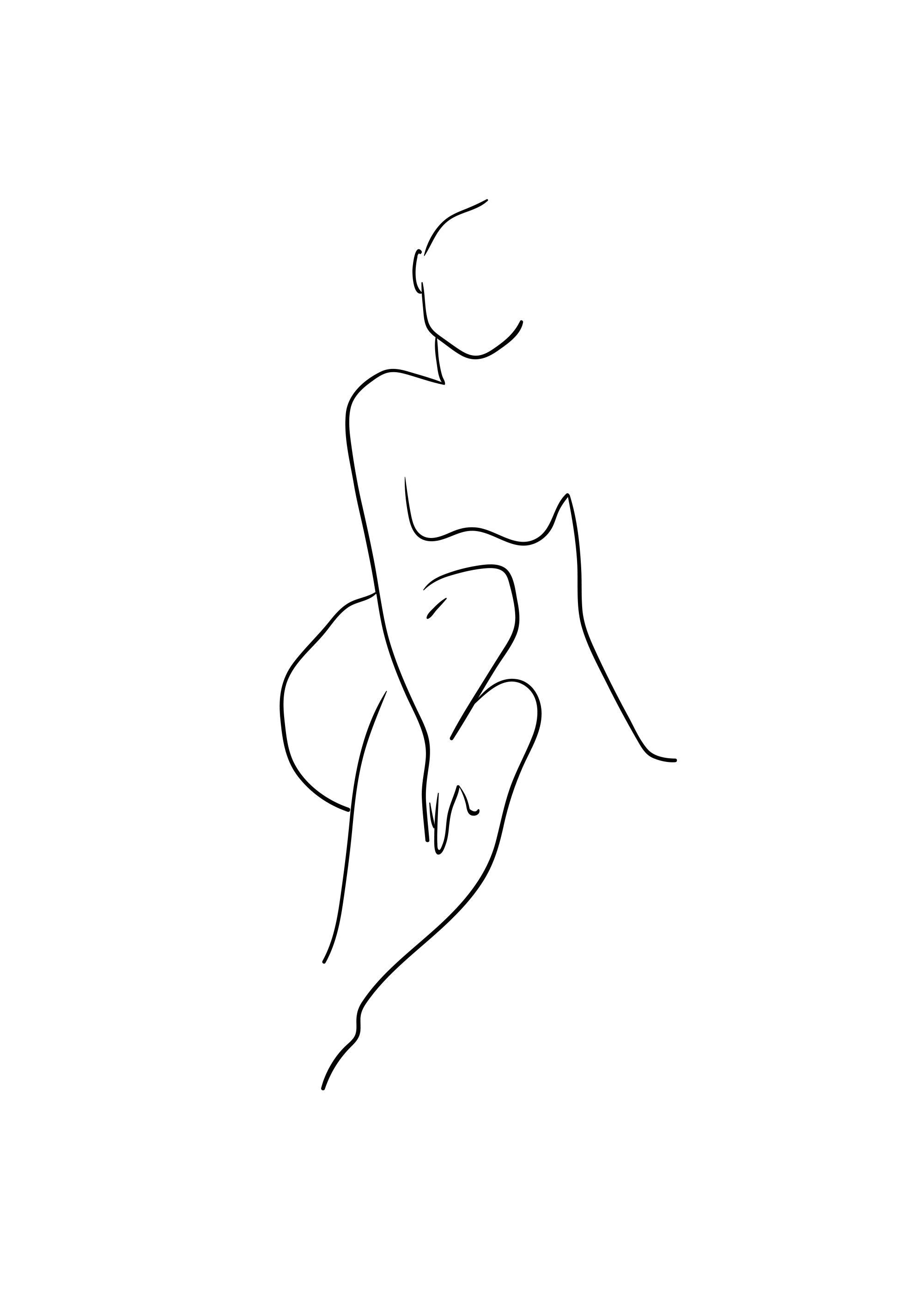 A poster featuring a minimalist black line art drawing of a female figure in a seated pose on a white background.