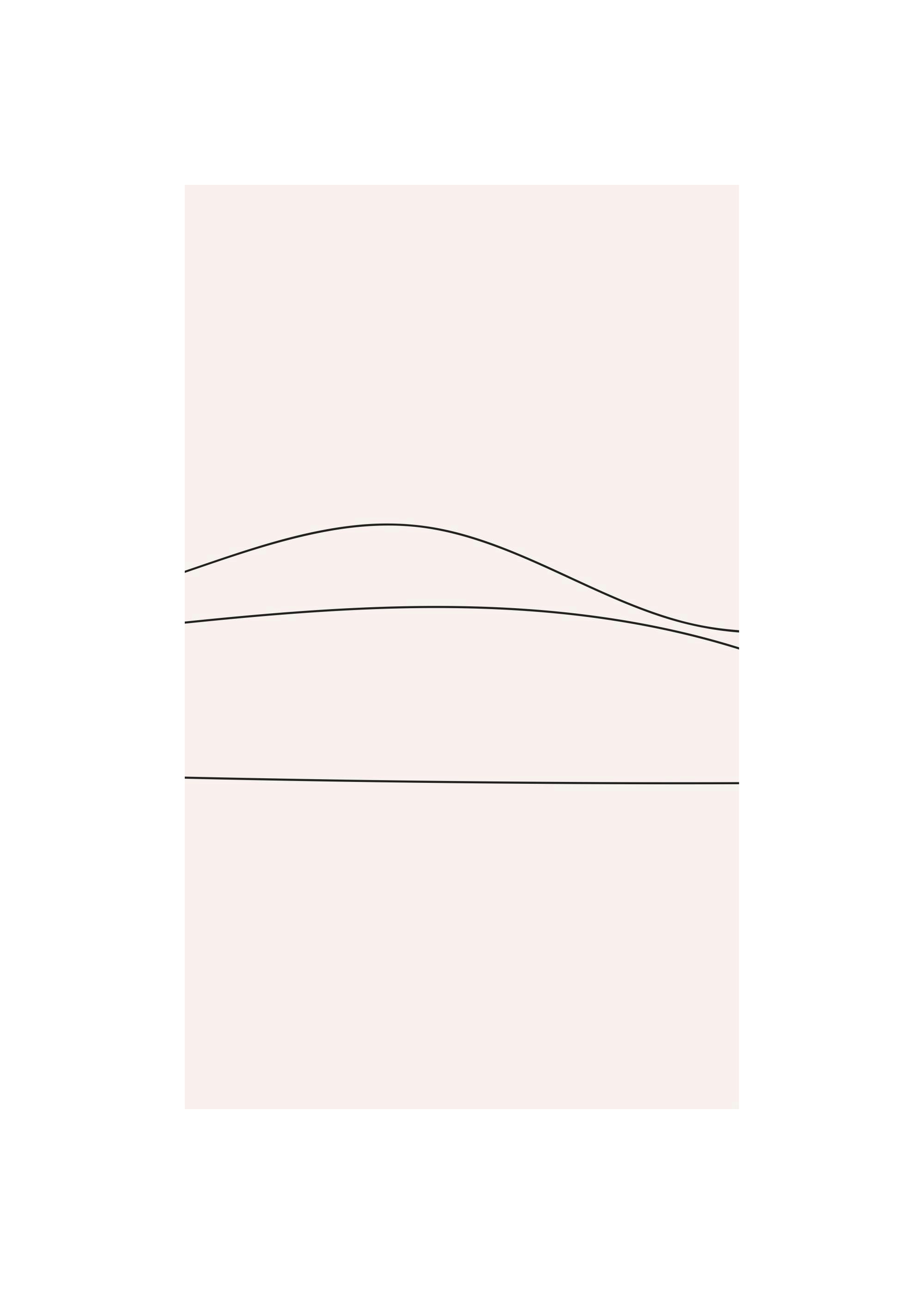 En minimalistisk plakat med tre tynne, svarte buede linjer på lys rosa bakgrunn.