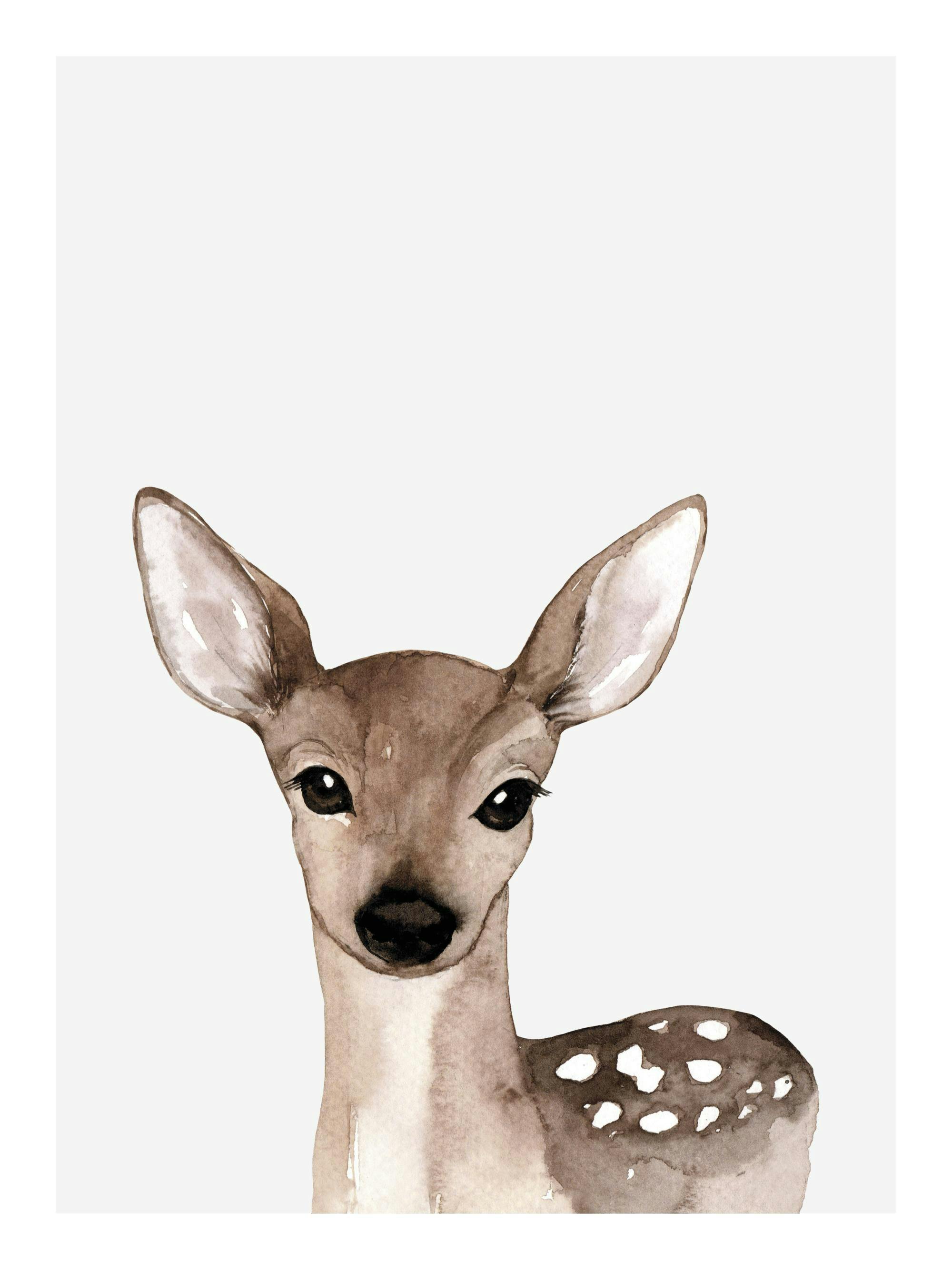 Een poster met een schattig reekalf in aquarel, met bruine vacht en grote donkere ogen.