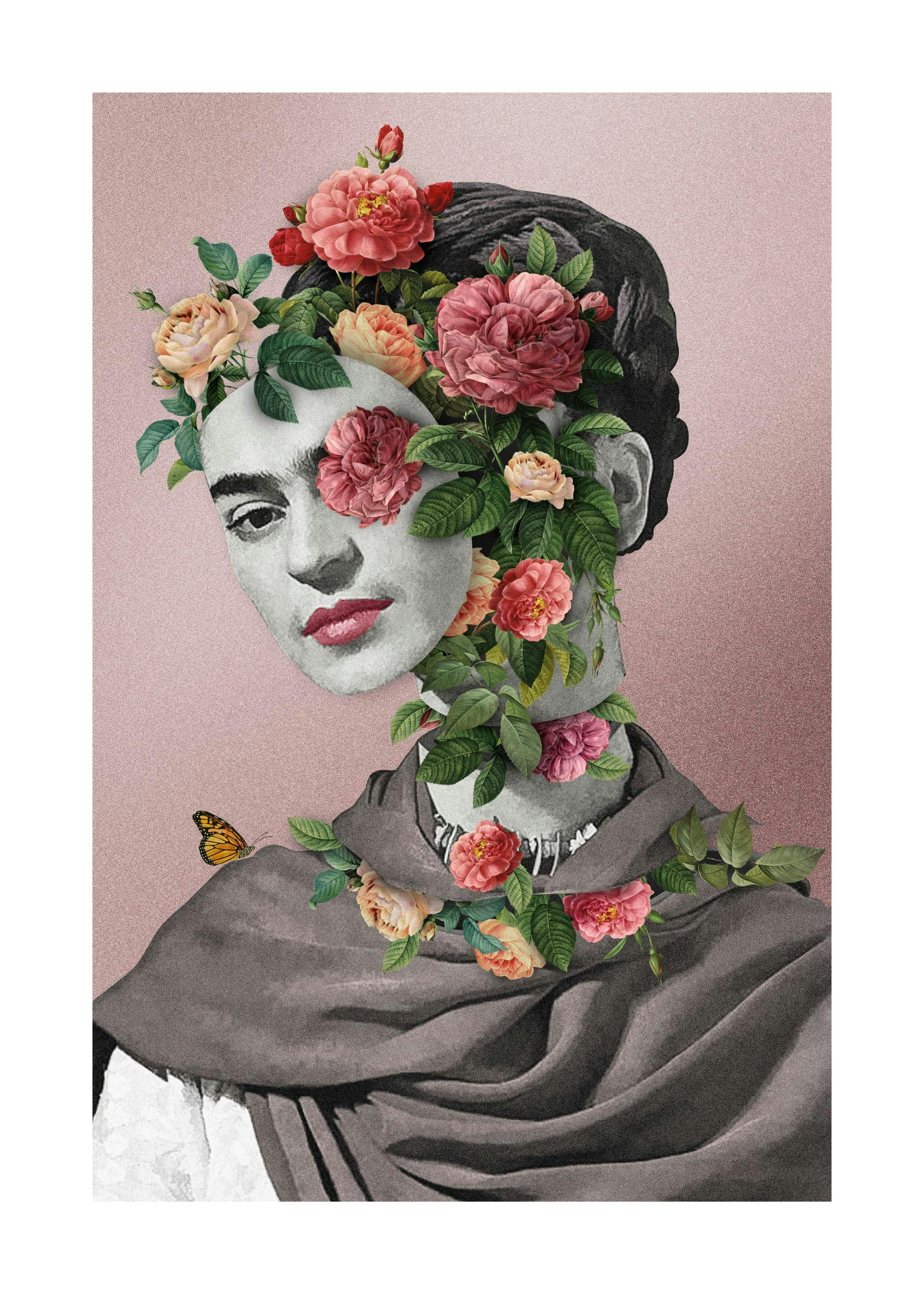 Poster cu un portret artistic al Fridei Kahlo, cu trandafiri roz și portocalii în jurul feței și pe umeri, pe fundal roz.