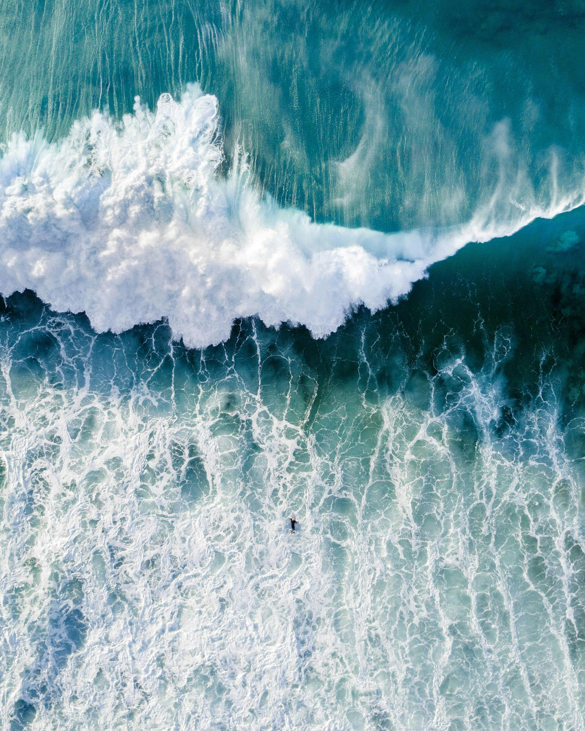 A poster featuring an aerial view of a powerful ocean wave breaking, with a lone surfer paddling below.