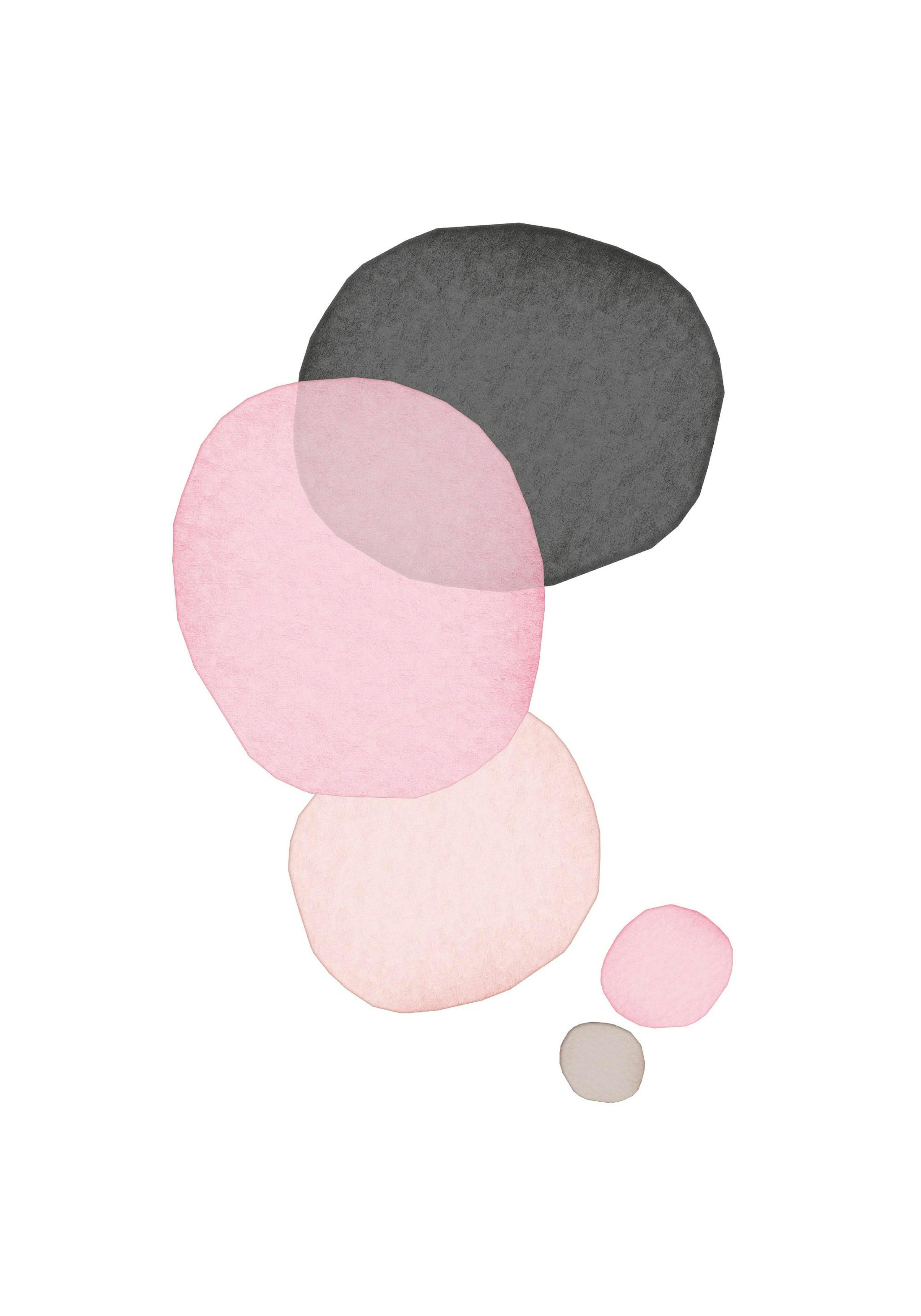 Poster con forme organiche rosa, beige e grigie che si sovrappongono su sfondo bianco.