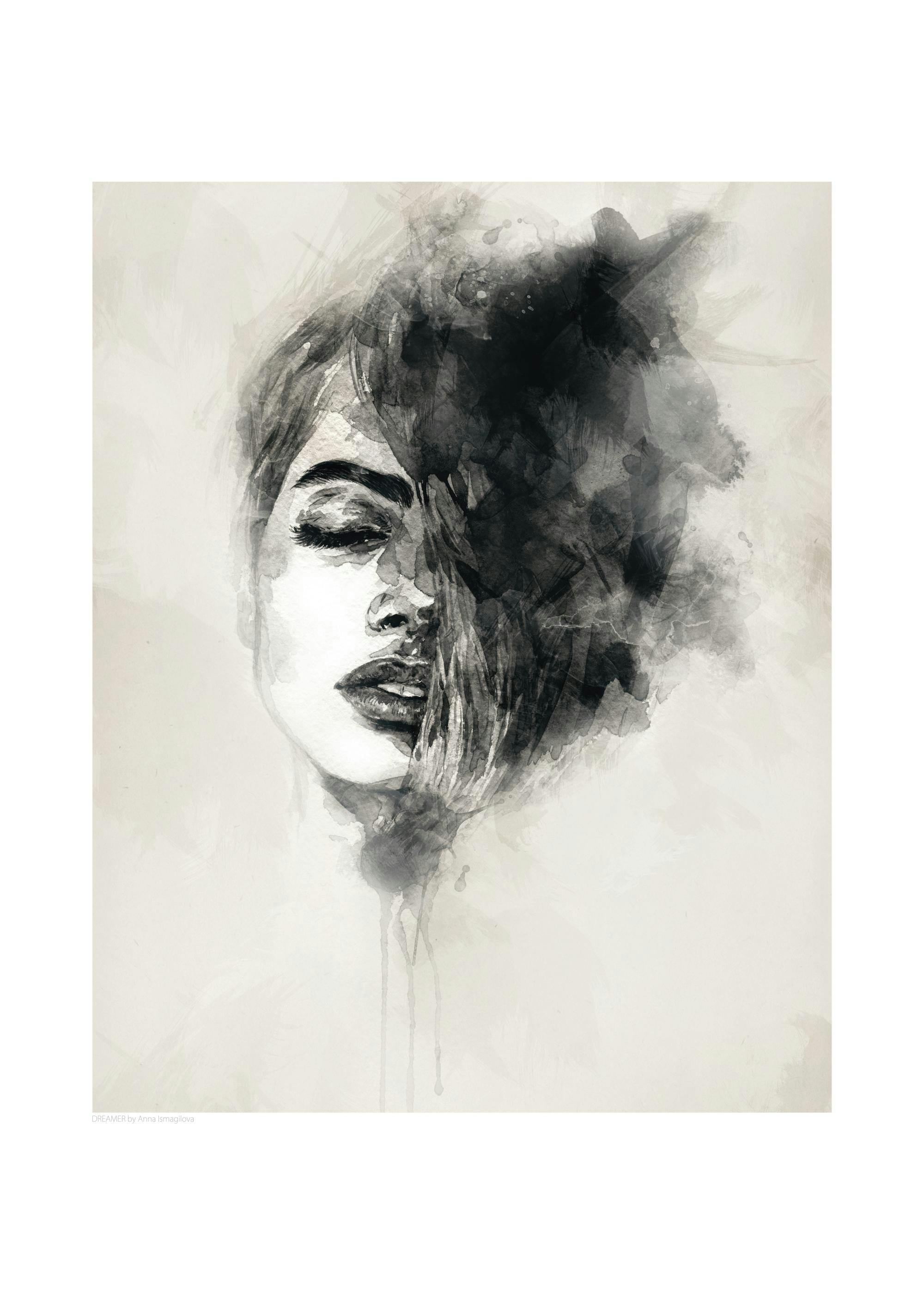 Ein Poster einer Frau mit geschlossenen Augen, deren Gesicht teilweise von dunklen, abstrakten Pinselstrichen verdeckt ist.