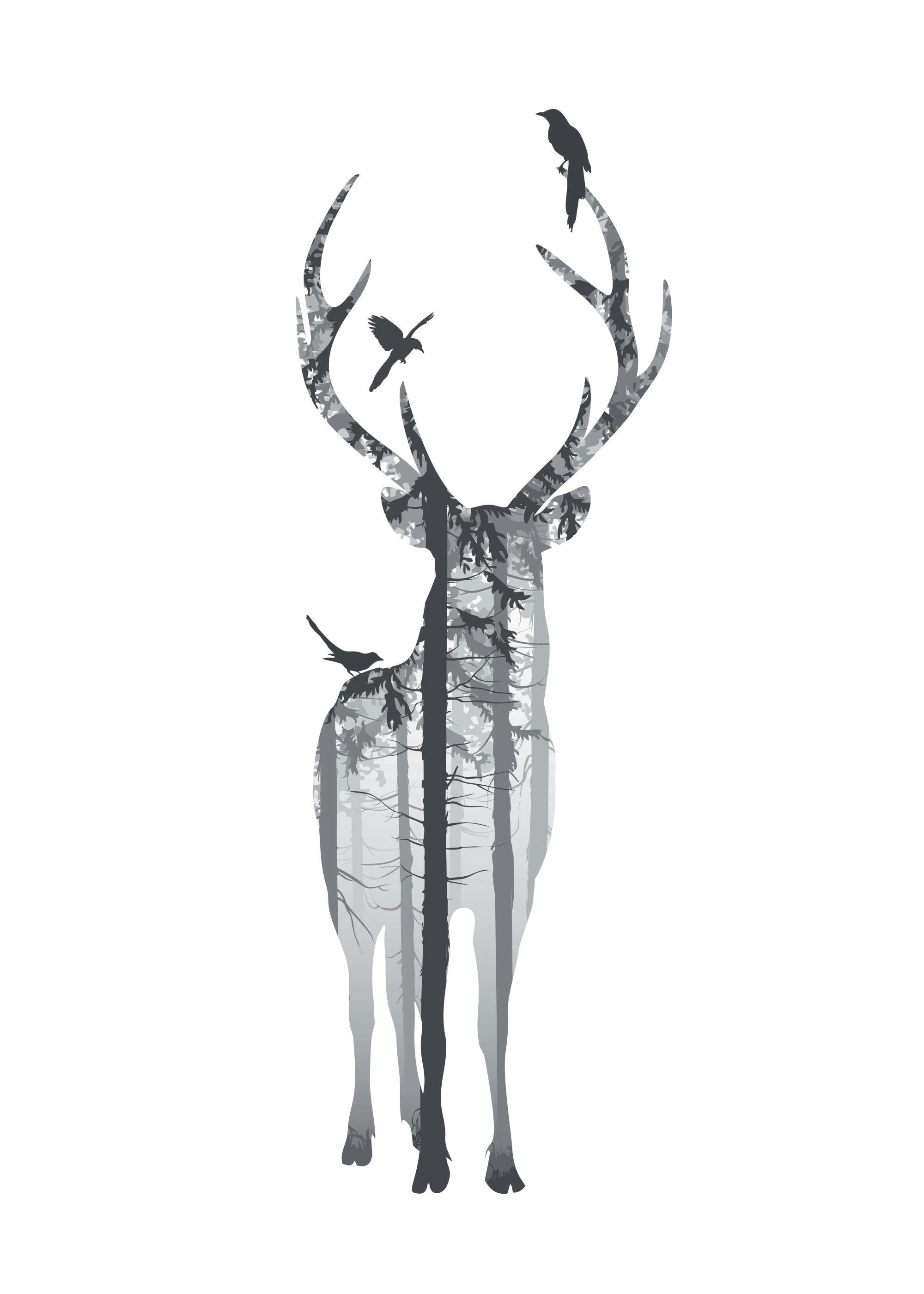 A poster of a deer silhouette with a forest scene and three birds in shades of gray on a white background.