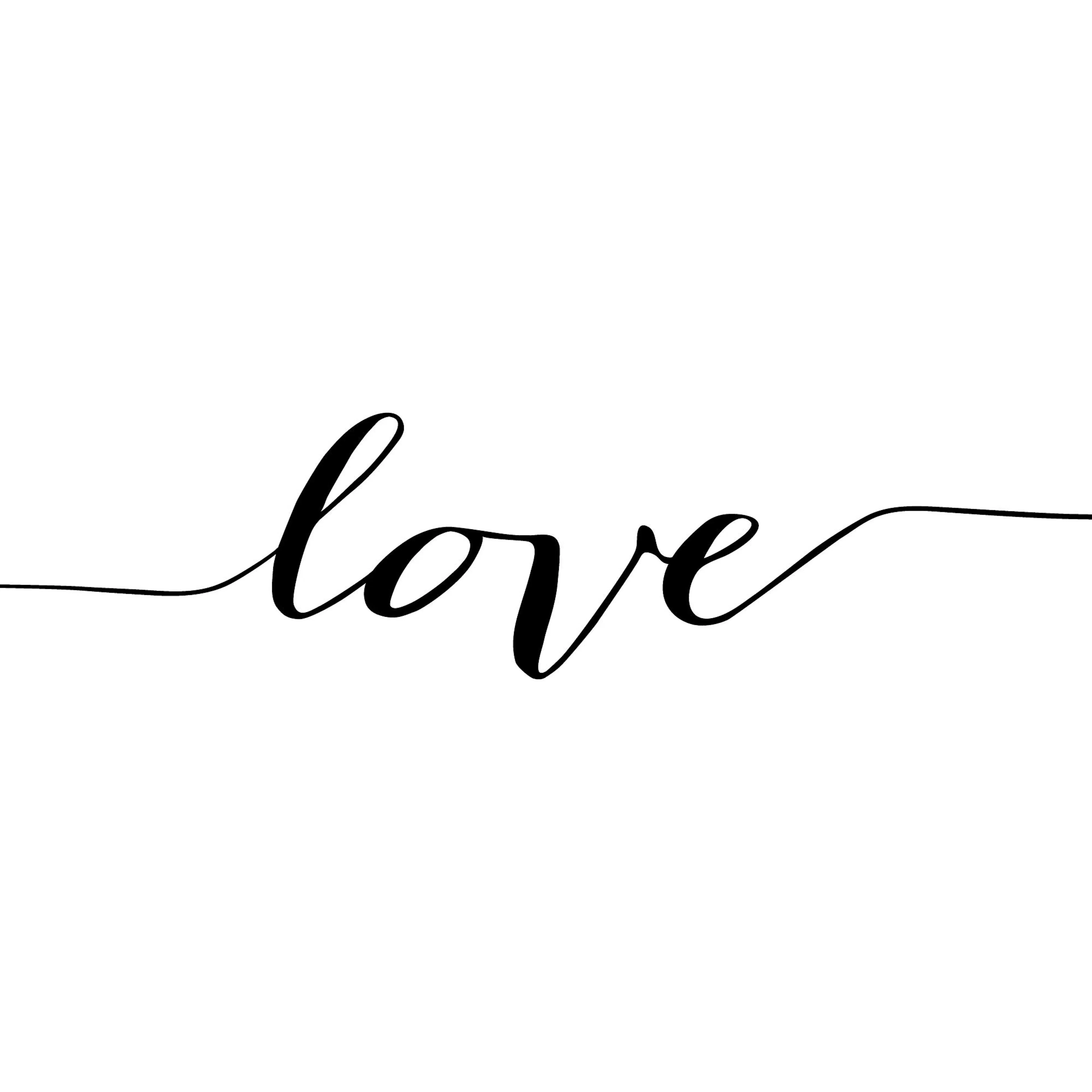 Een minimalistische poster met het woord love in een elegant, handgeschreven zwart lettertype op een witte achtergrond.