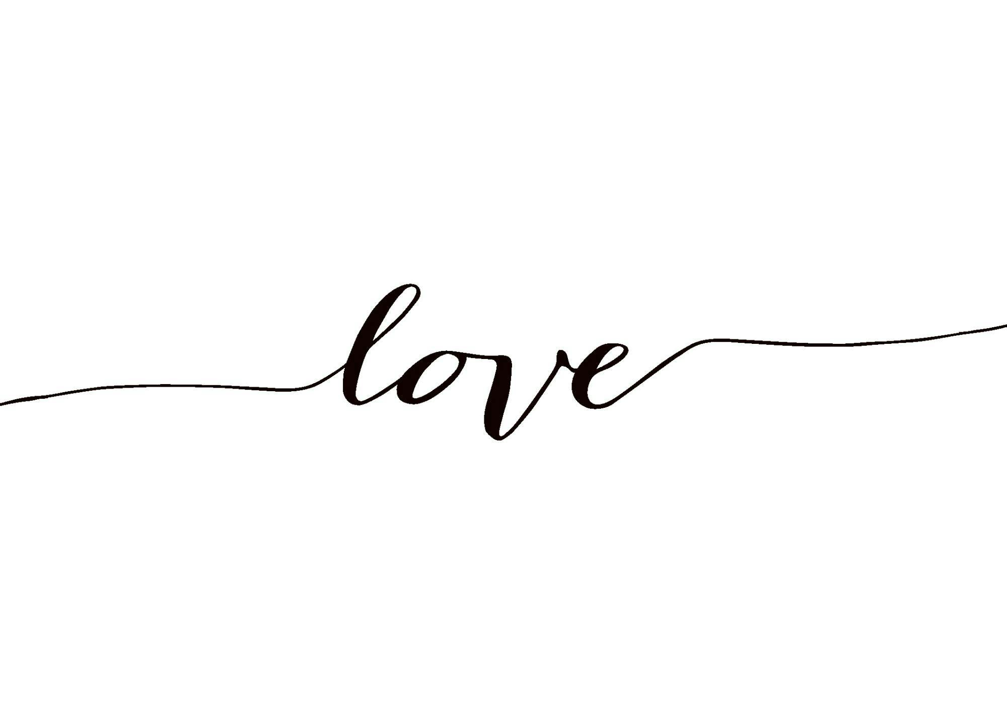 A poster featuring the word love in elegant black script on a clean white background, with flowing lines extending from the text