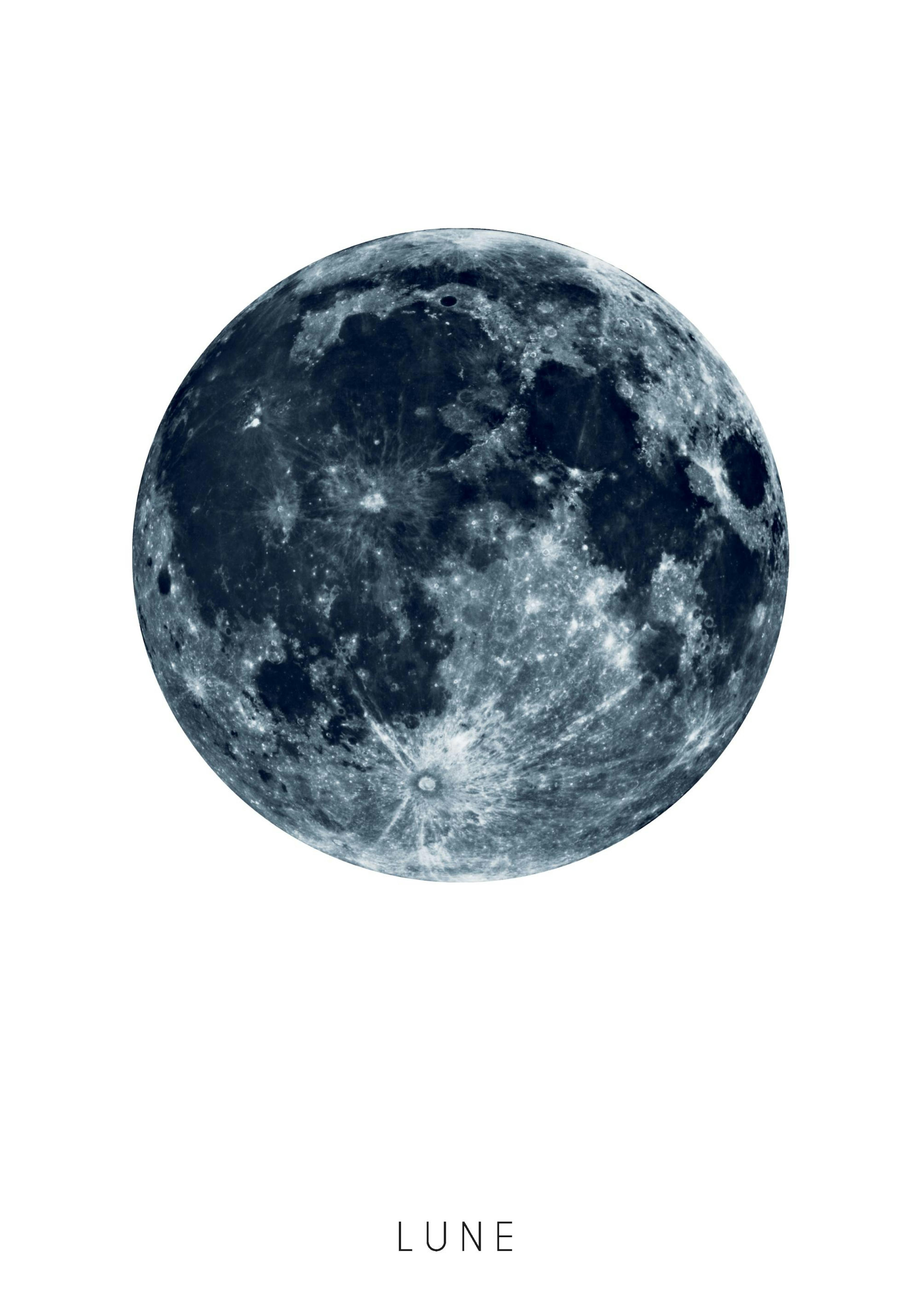 A poster featuring a detailed, dark gray full moon with craters, hanging above a bed with white pillows, a golden lamp, and drie