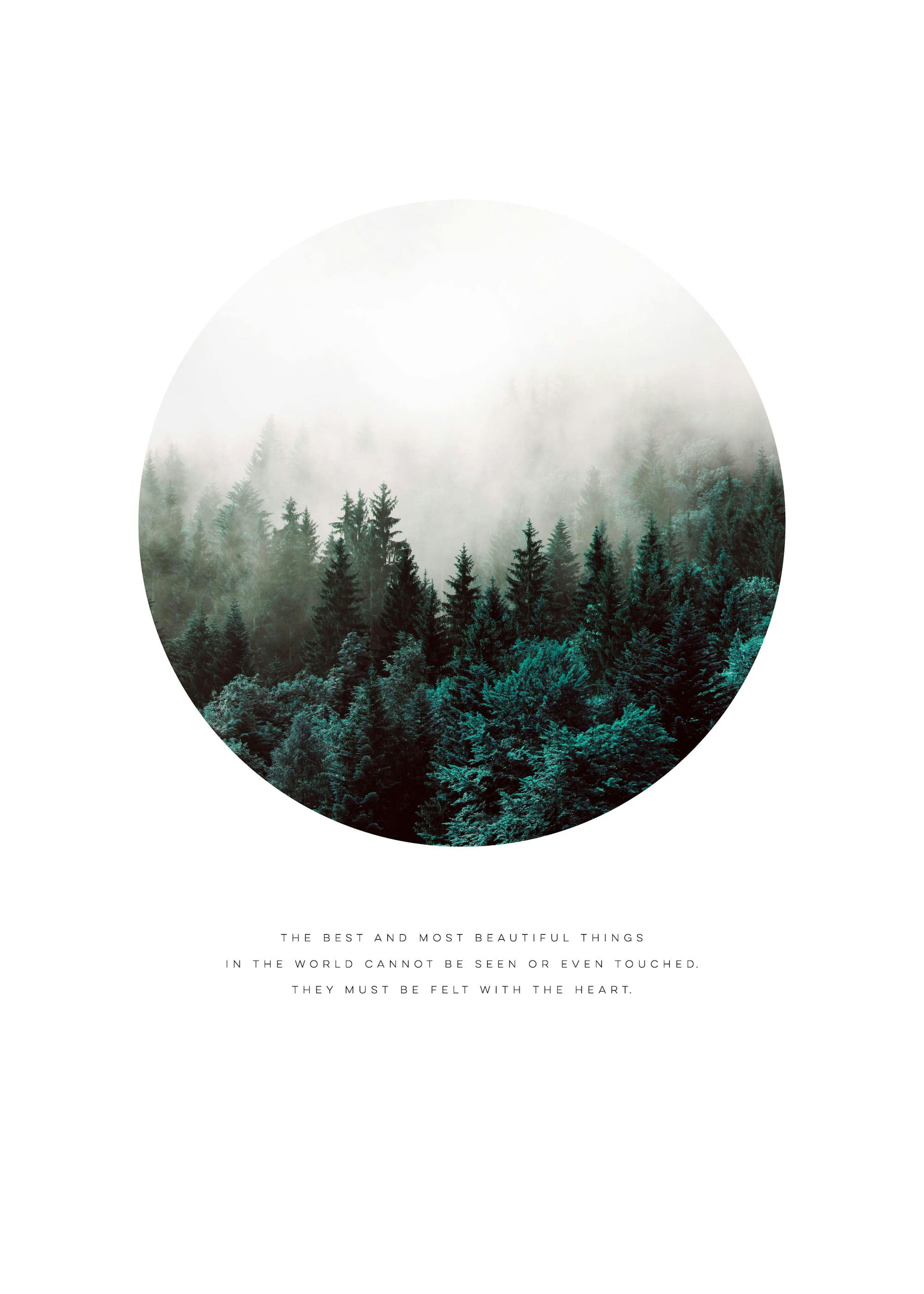 Un póster con un círculo de pinos oscuros en la niebla y una cita inspiradora debajo.