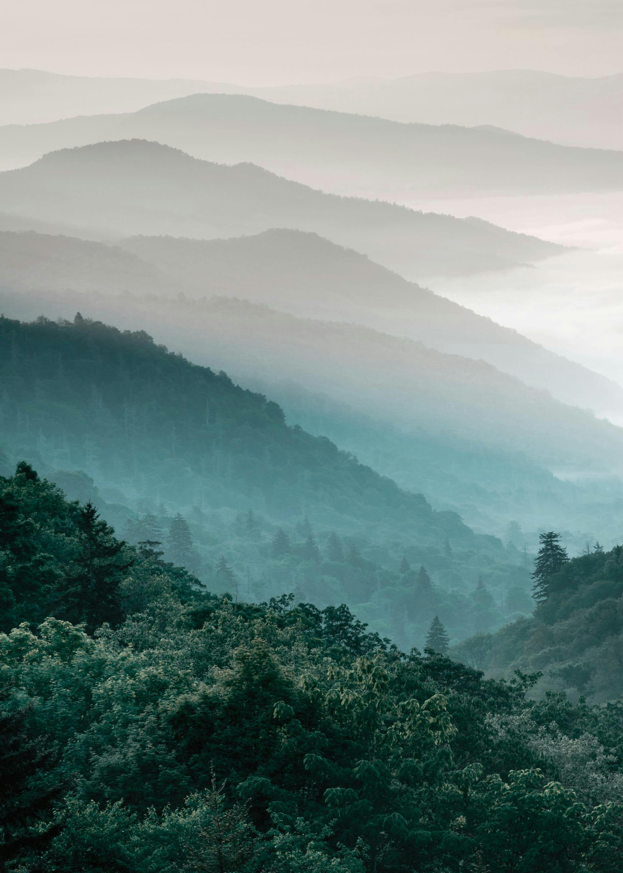 A poster featuring a landscape of misty teal and green mountain ranges fading into light gray at the horizon.