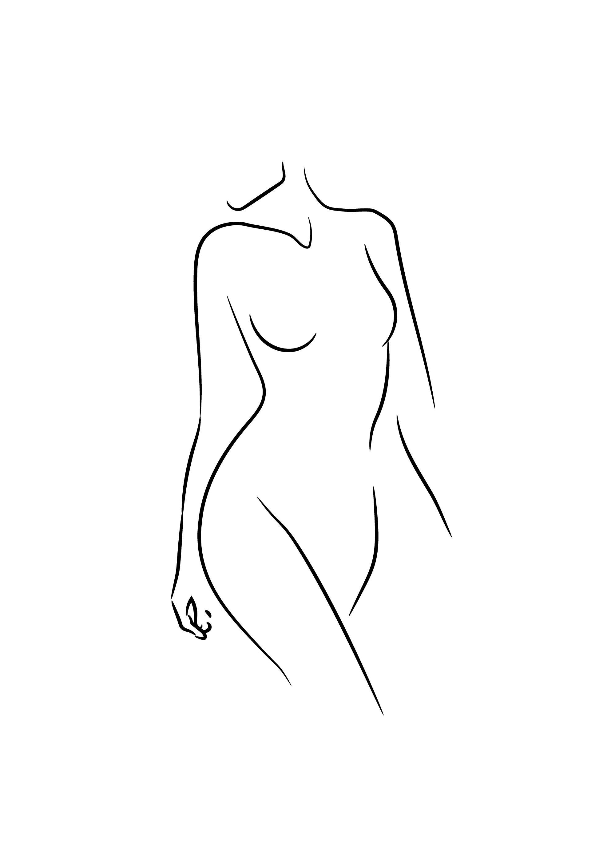 Poster avec une silhouette de femme dessinée en trait continu noir sur fond blanc, mettant en valeur les courbes du corps.