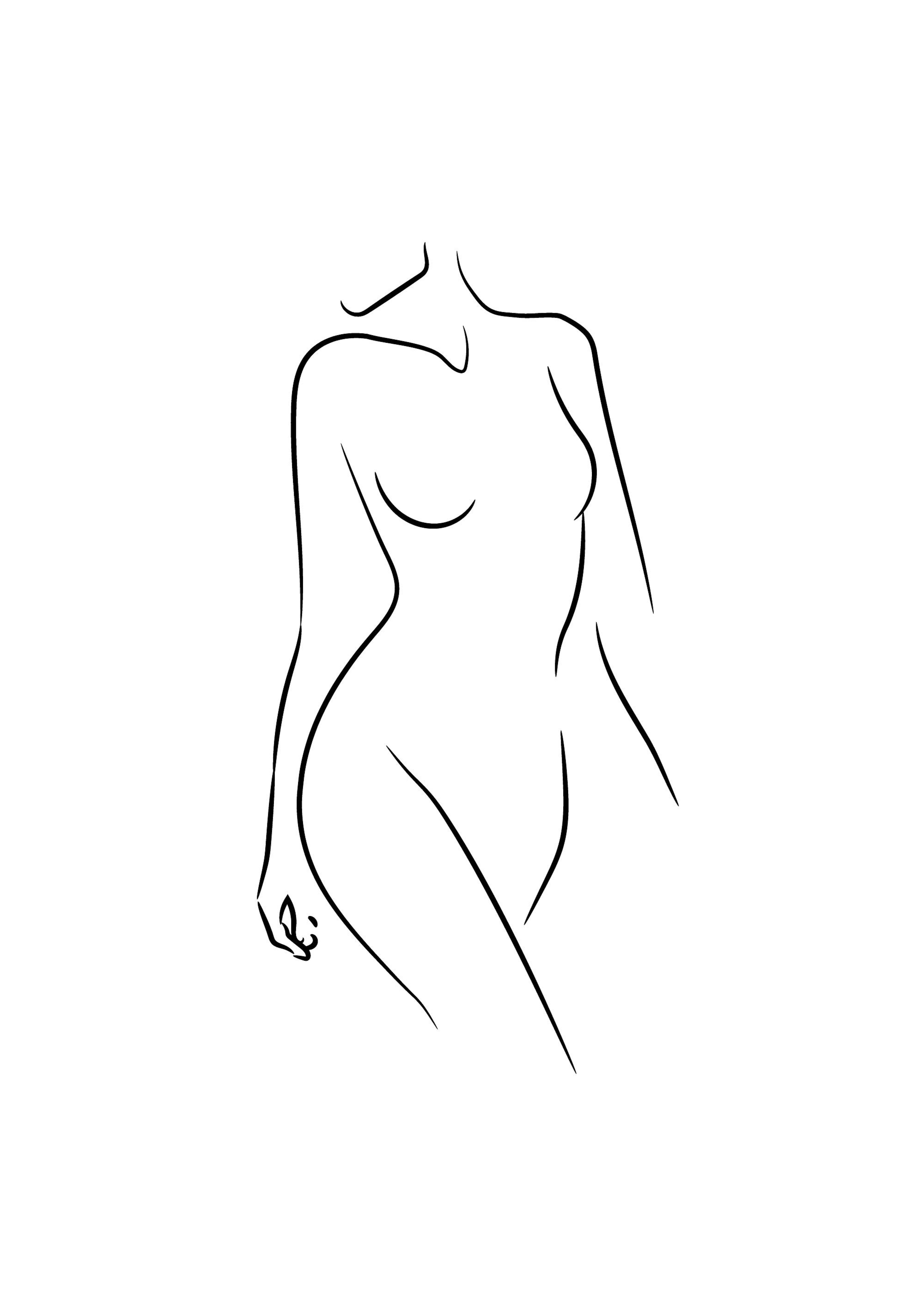 A poster featuring a minimalist line art drawing of a female body, hanging above a bedside table with a golden lamp and dried fl