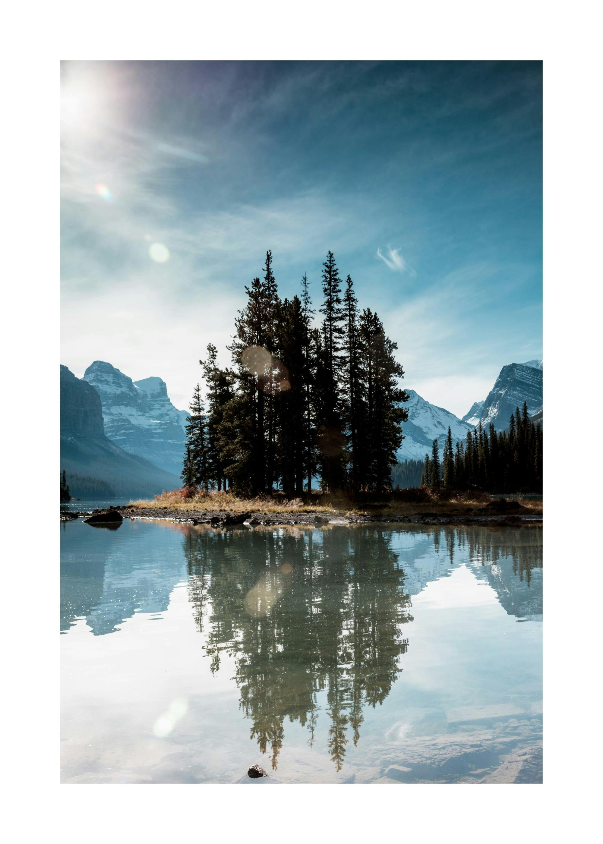 A poster featuring a sunlit island of dark green pine trees reflected in a calm lake with snowy mountains under a bright blue sk