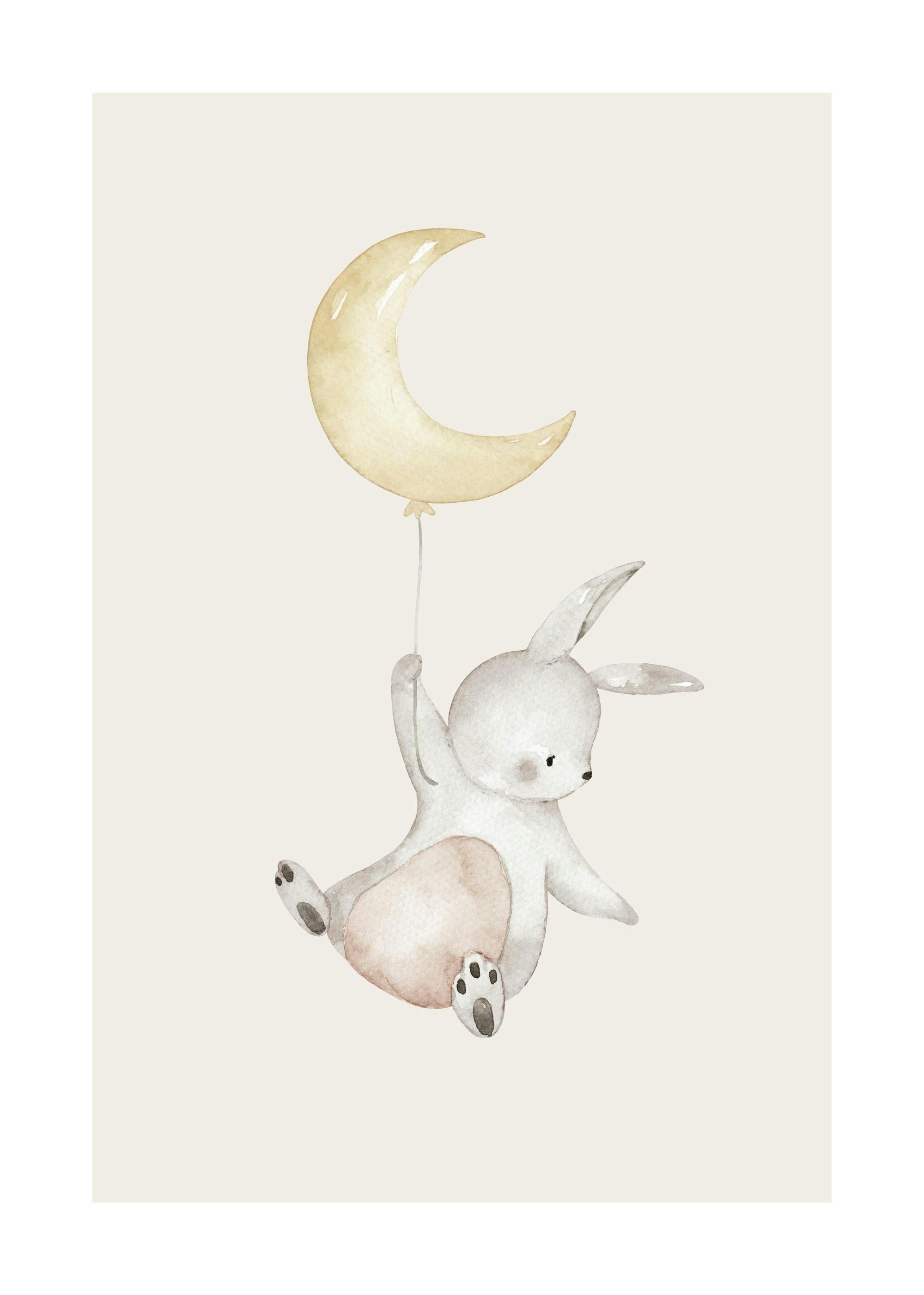 Poster dun lapin gris clair, aux teintes de beige et de brun, saccrochant à un ballon en forme de lune jaune.