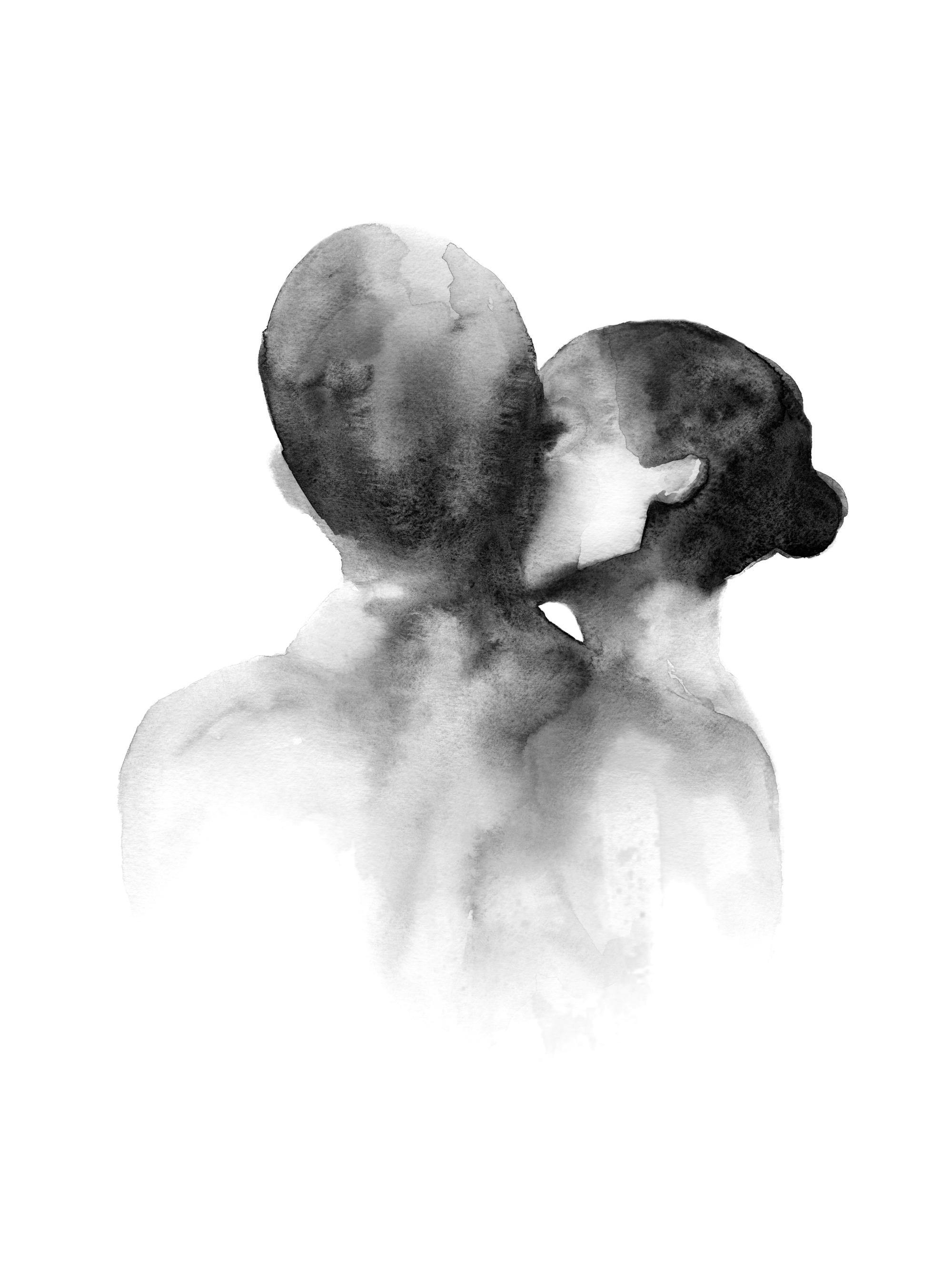 Un poster représentant un couple enlacé, le visage de la femme reposant sur lépaule de lhomme, en aquarelle noir et blanc.