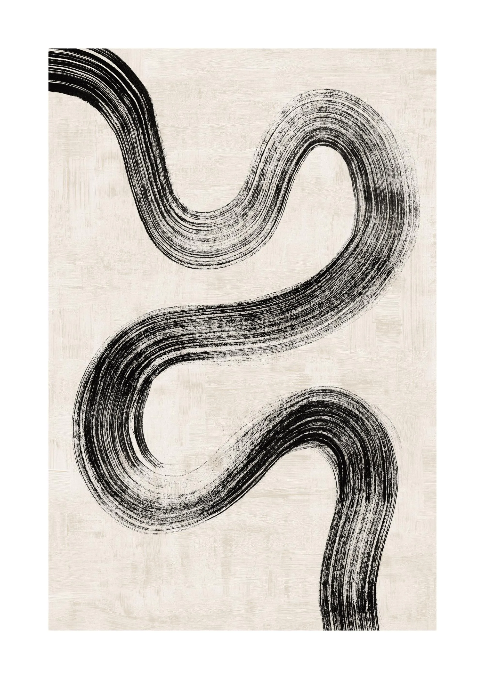 A poster featuring a black meandering brushstroke on a textured, light beige background.