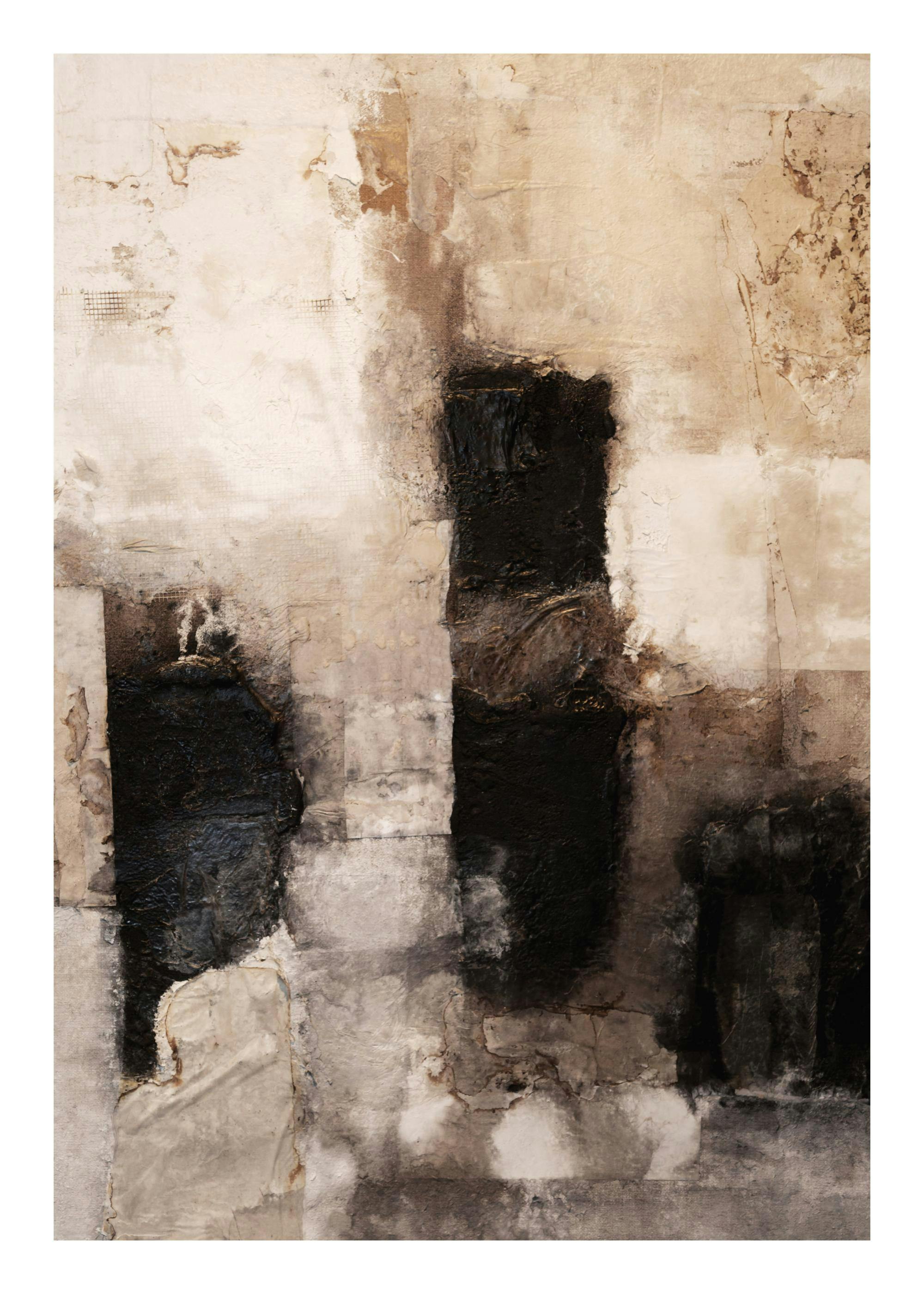 A poster featuring a distressed abstract design with dark black blocks on a textured beige and brown background.