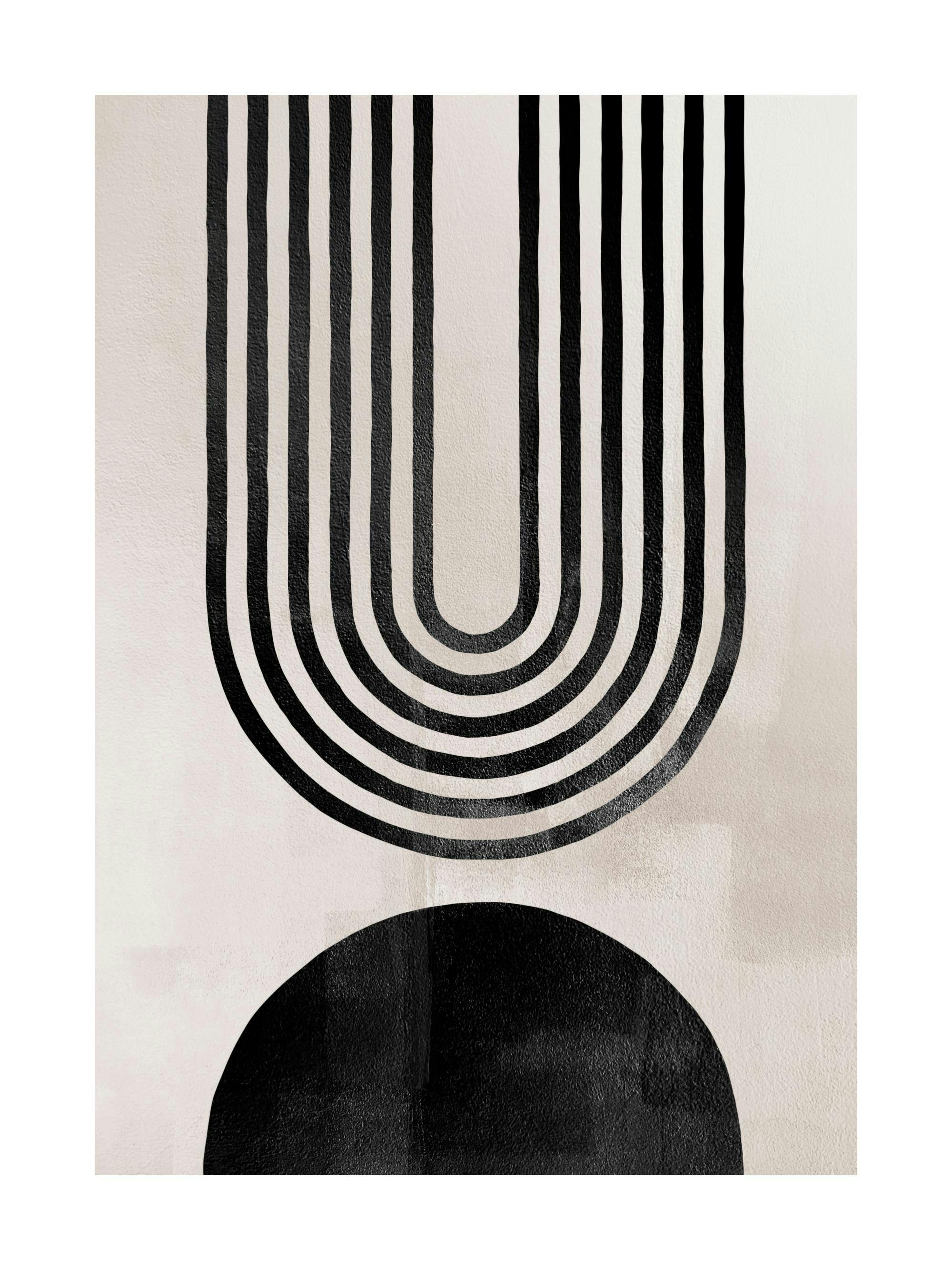 A poster of a minimalist abstract design with black arches and a black half-circle on a light background.