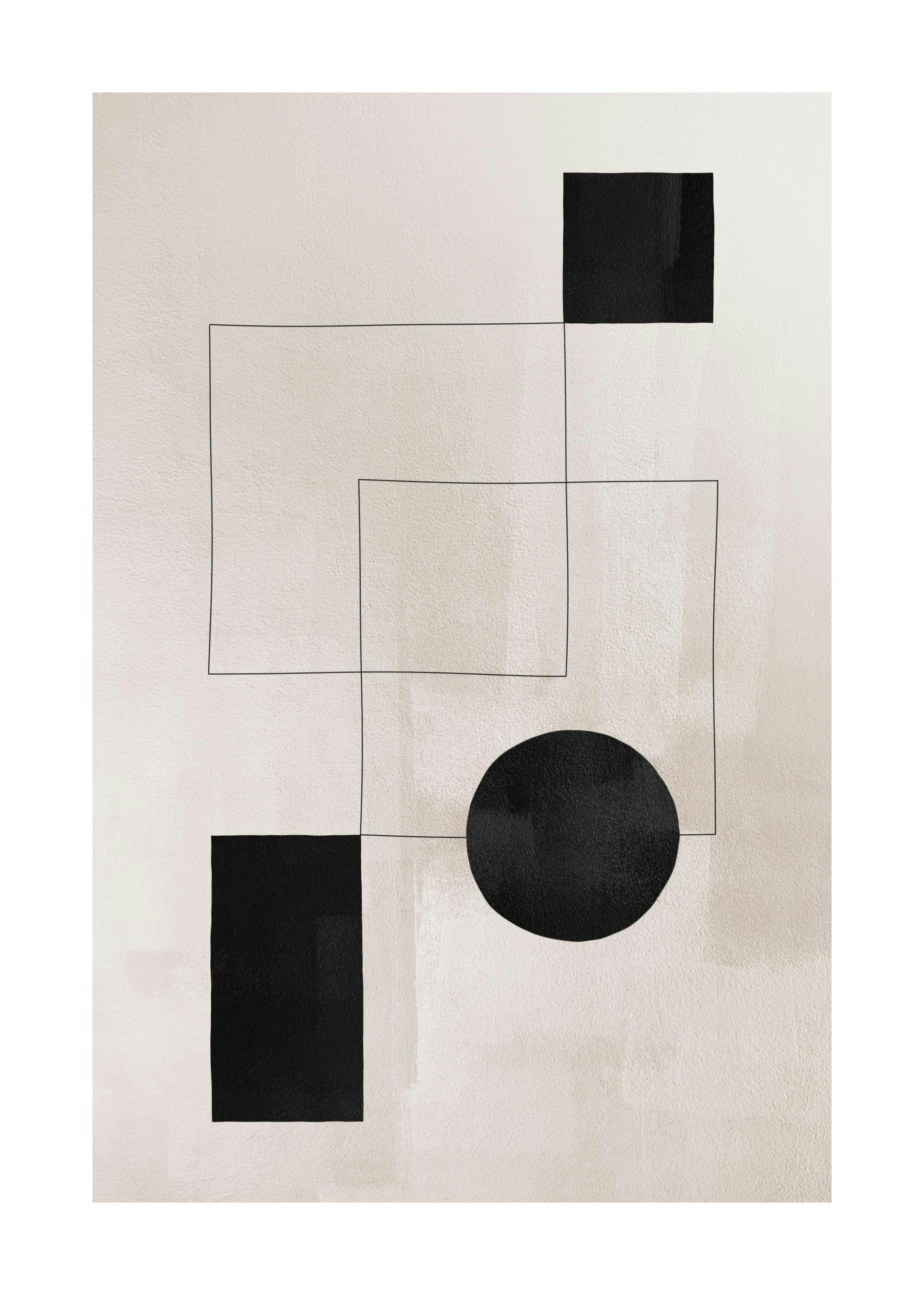 ベージュの背景に黒い長方形と円、細い線が描かれた抽象画ポスター。