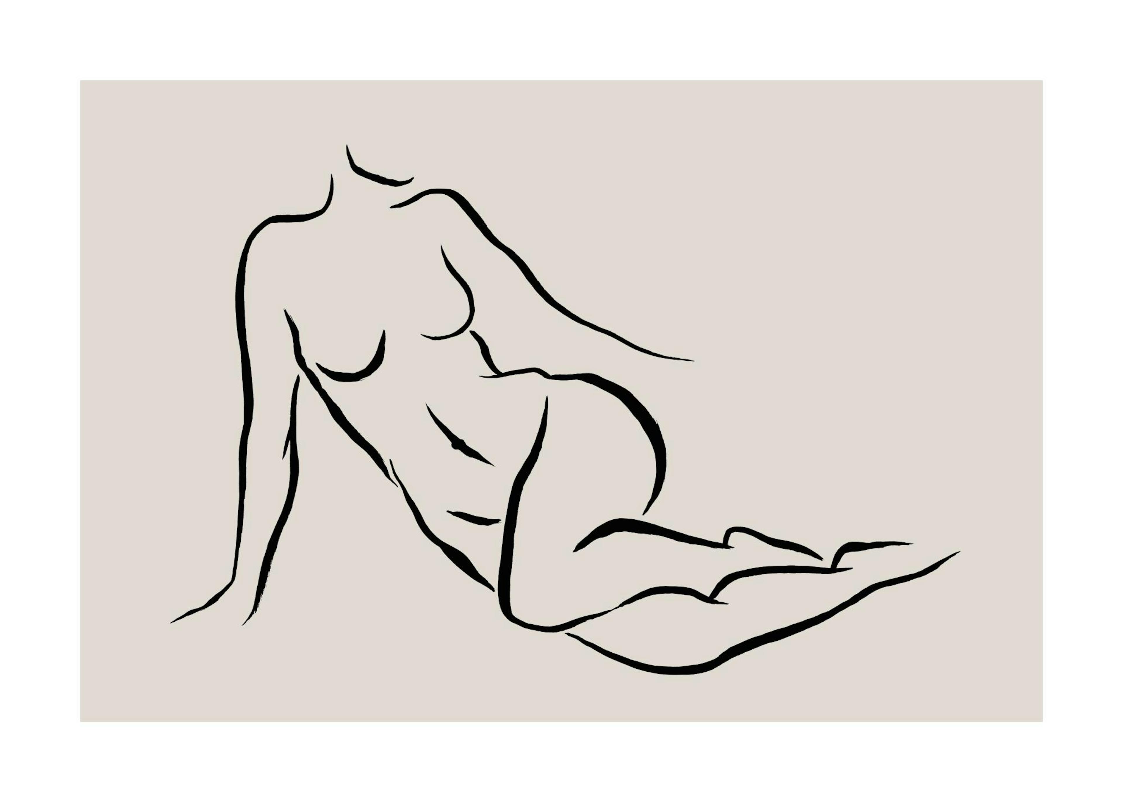 Poster cu o siluetă feminină abstractă, în linii negre, pe un fundal bej, agățat deasupra unui pat cu lenjerie albă și o noptier