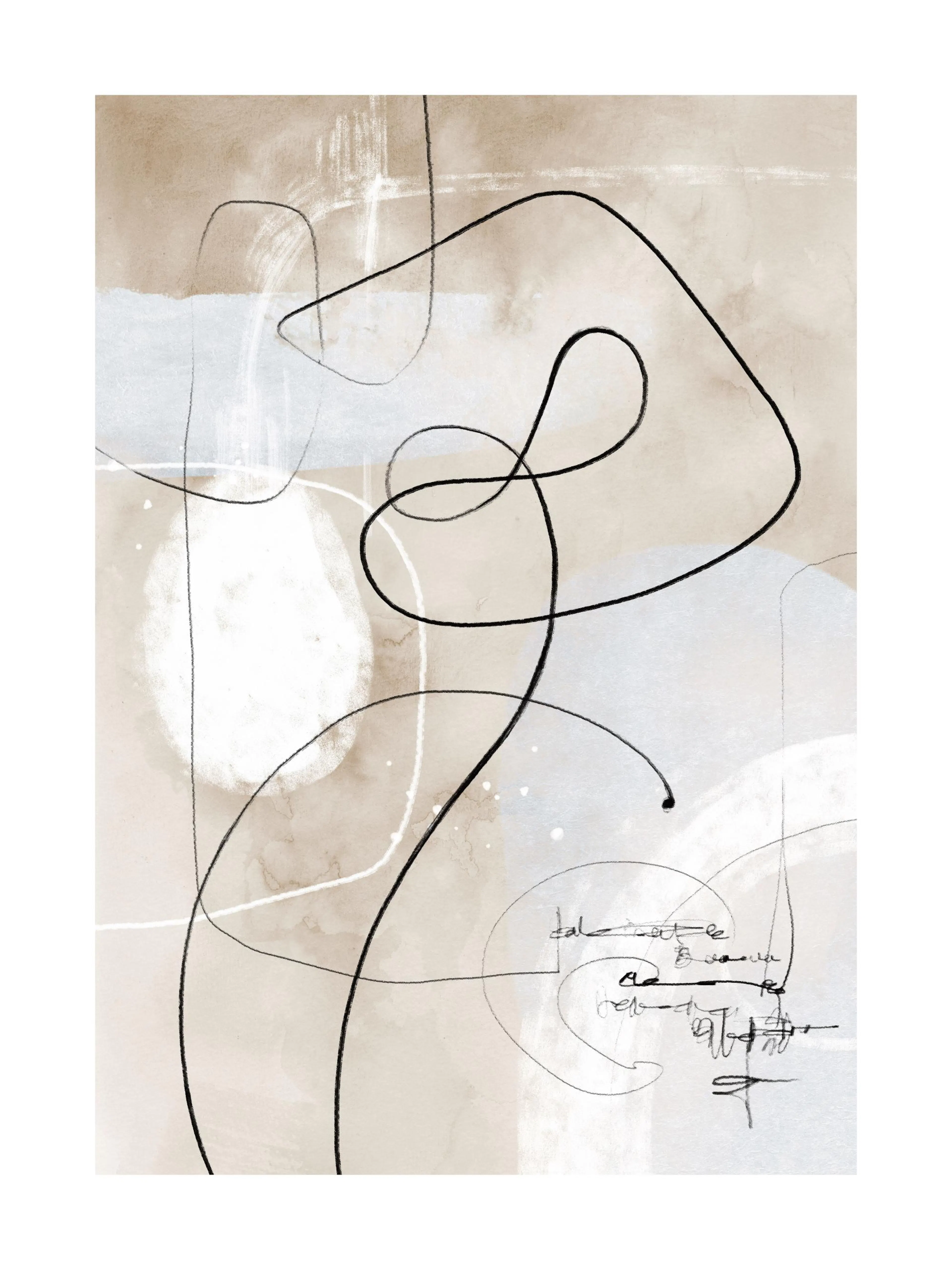 Poster abstrait avec des formes organiques beiges et grises, et des lignes noires et blanches.