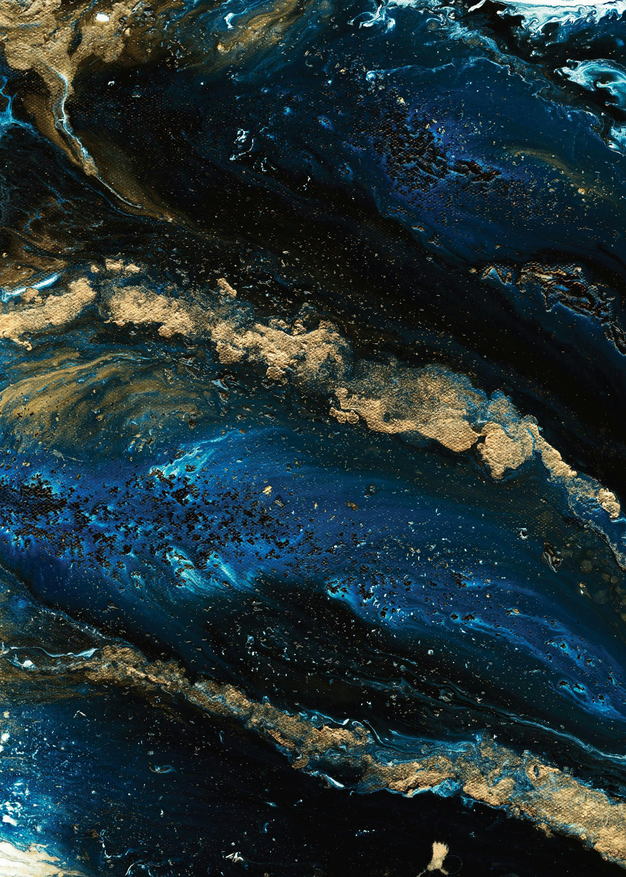 A poster featuring a dark blue, black, and gold abstract fluid art design with textured elements.