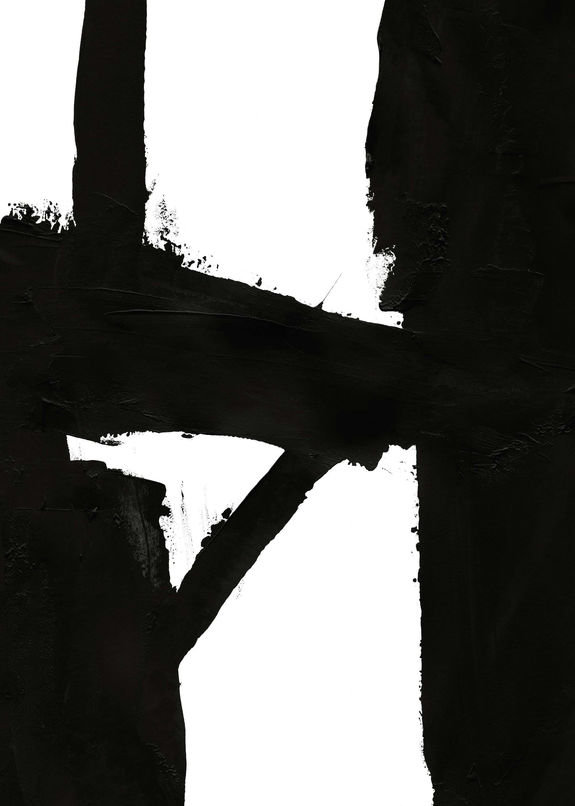 Poster con forme astratte nere su sfondo bianco, con pennellate spesse e texture evidenti.