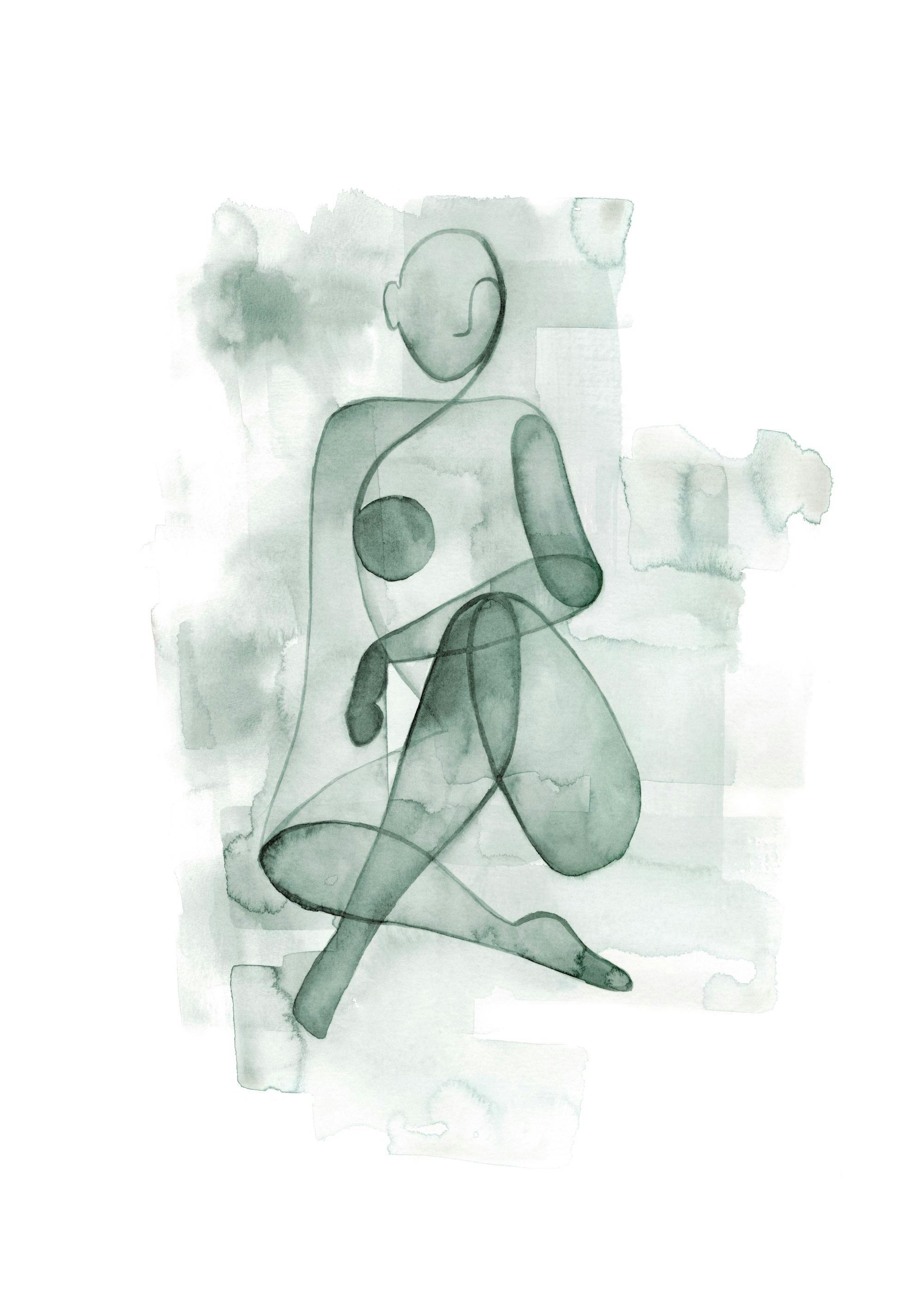 Poster van een abstract aquarel schilderij van een zittende figuur in groen-grijze tinten.
