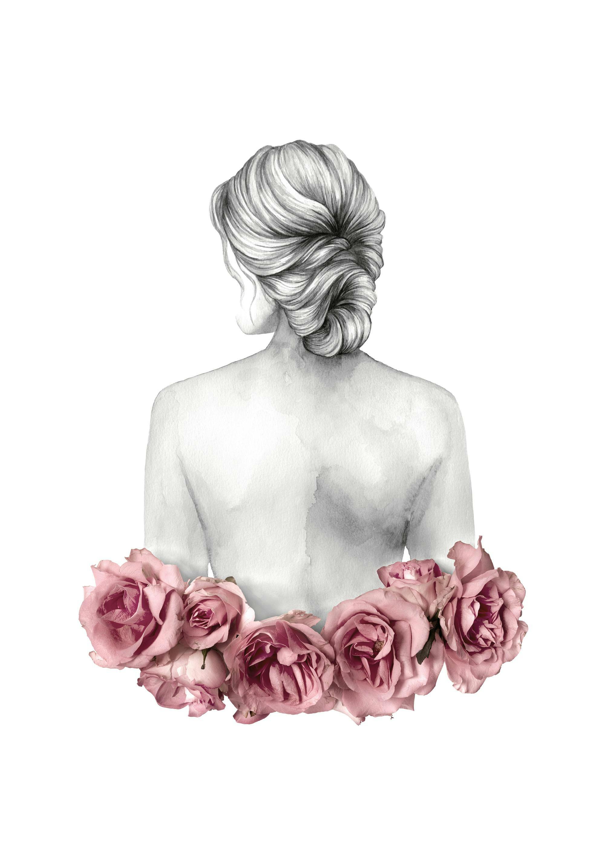 A poster featuring a womans back in grey tones with a large cluster of pink roses around her waist.