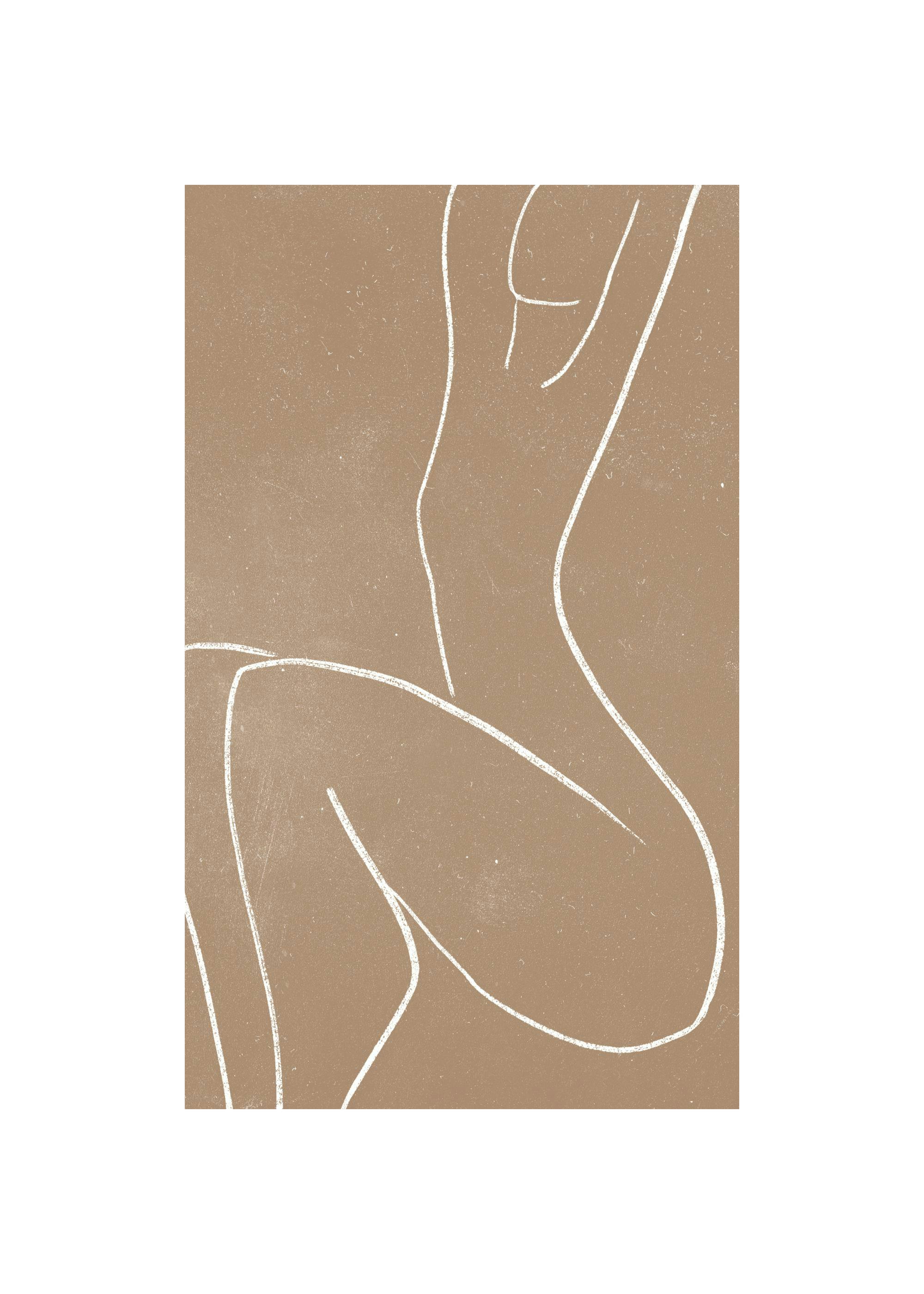En poster med en minimalistisk linjeteckning av en kropp i vitt på en brunbeige, texturerad bakgrund.