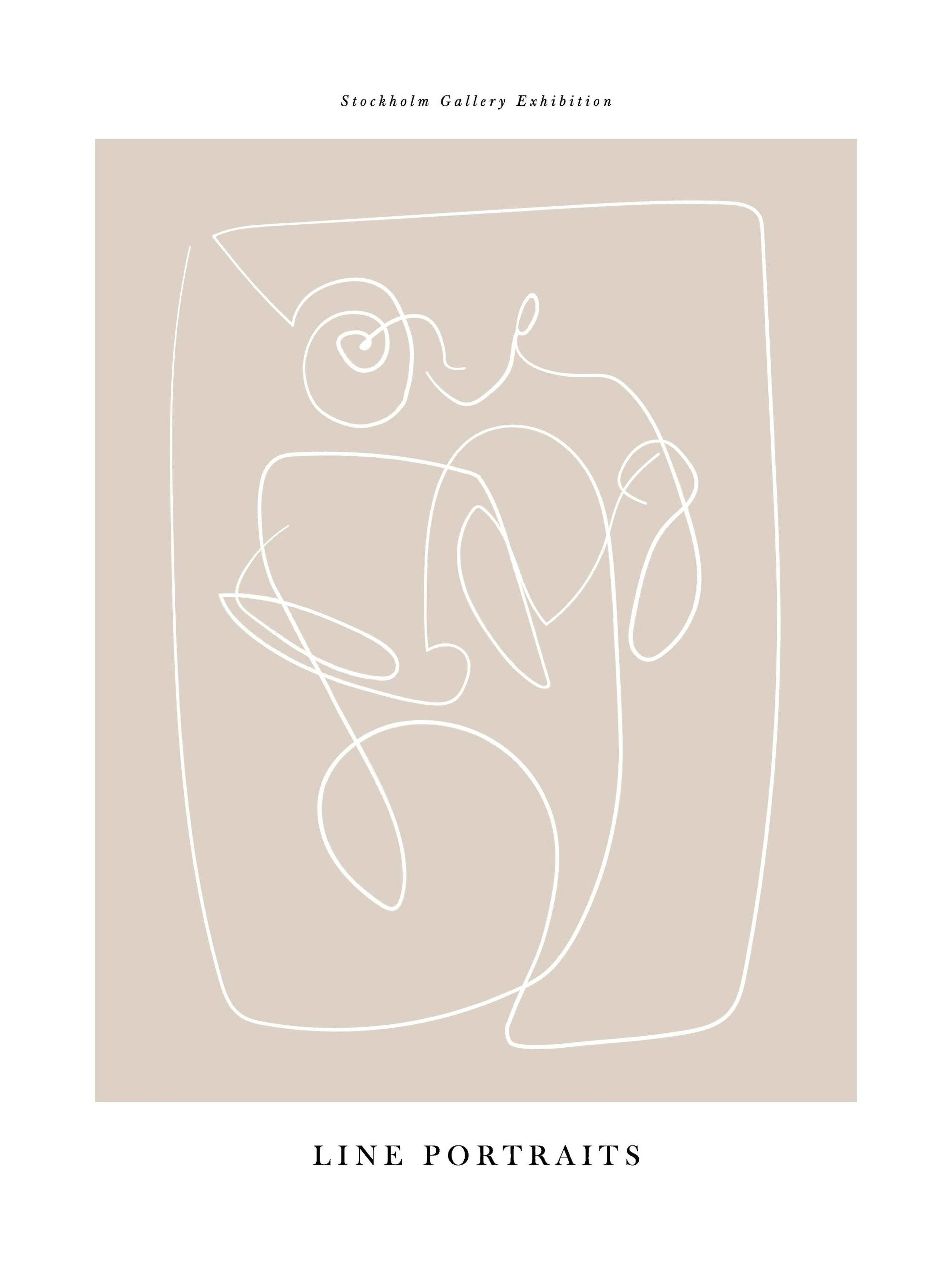 Abstract poster with a continuous white line forming a face or figure on a light beige background.