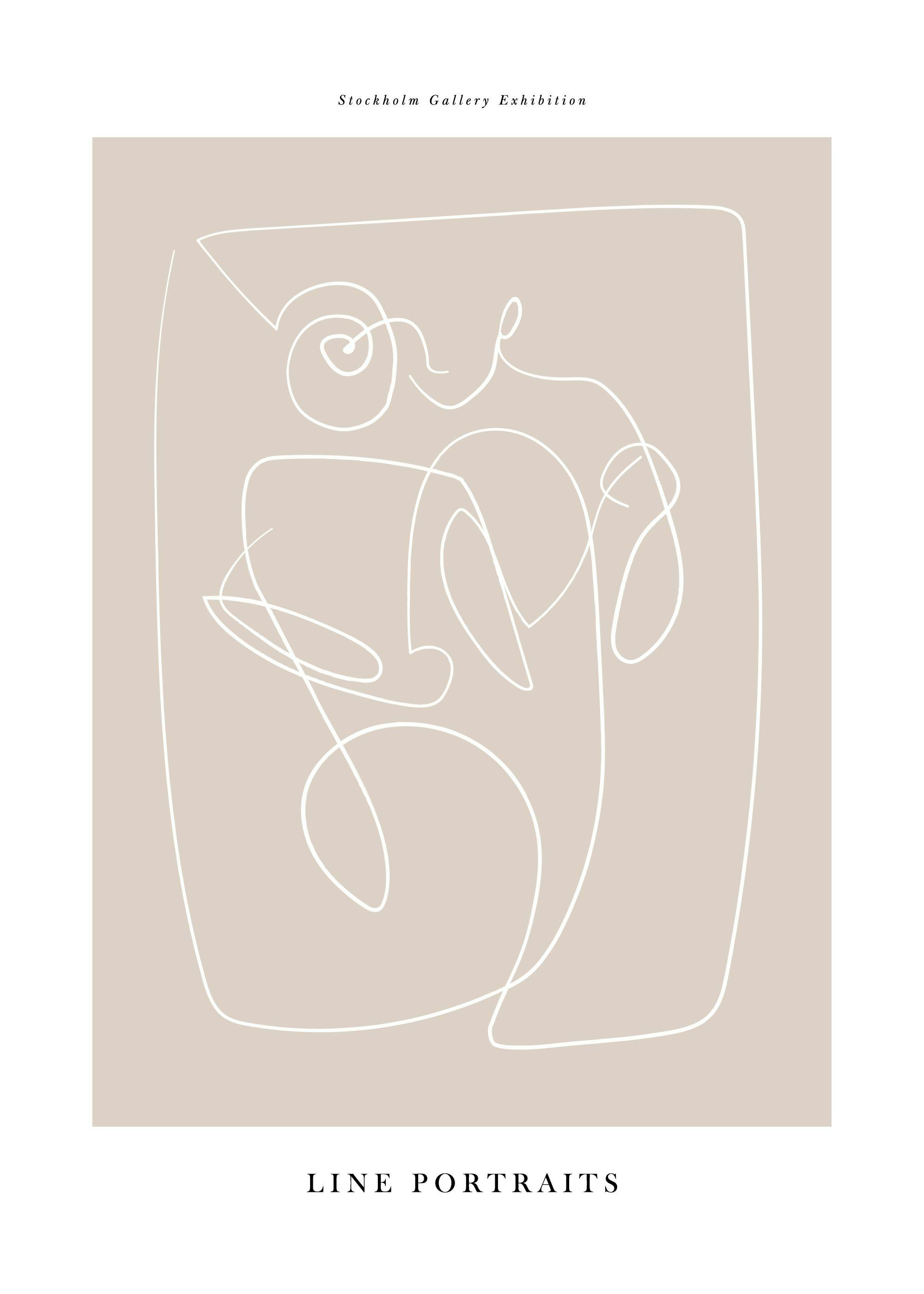 Ein Poster mit abstrakten, weißen, organischen Linien auf beigem Hintergrund, die ein Gesicht andeuten.