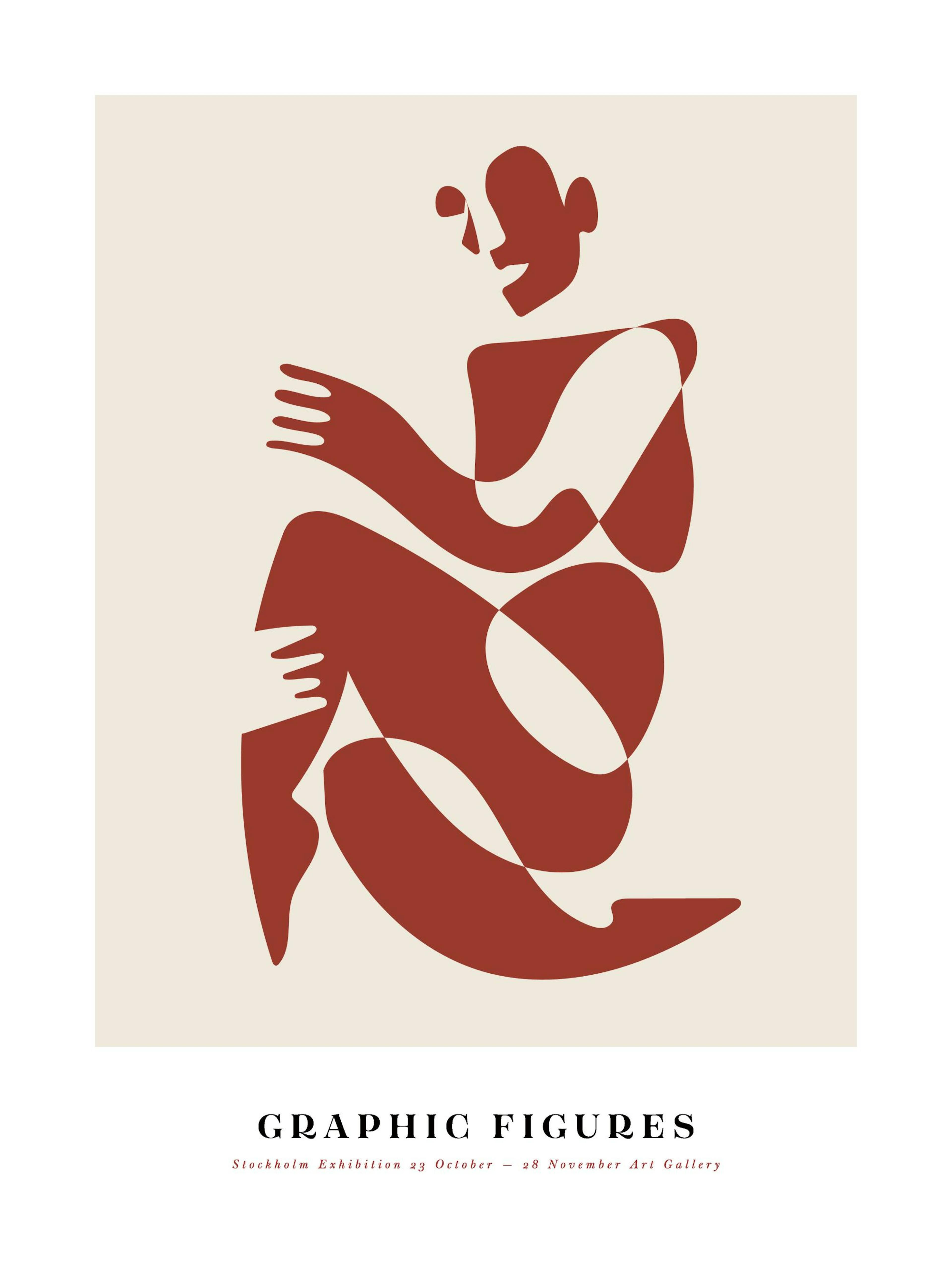 A poster with a red abstract figure on a beige background, hanging above a bed with white pillows and a nightstand with a lamp a
