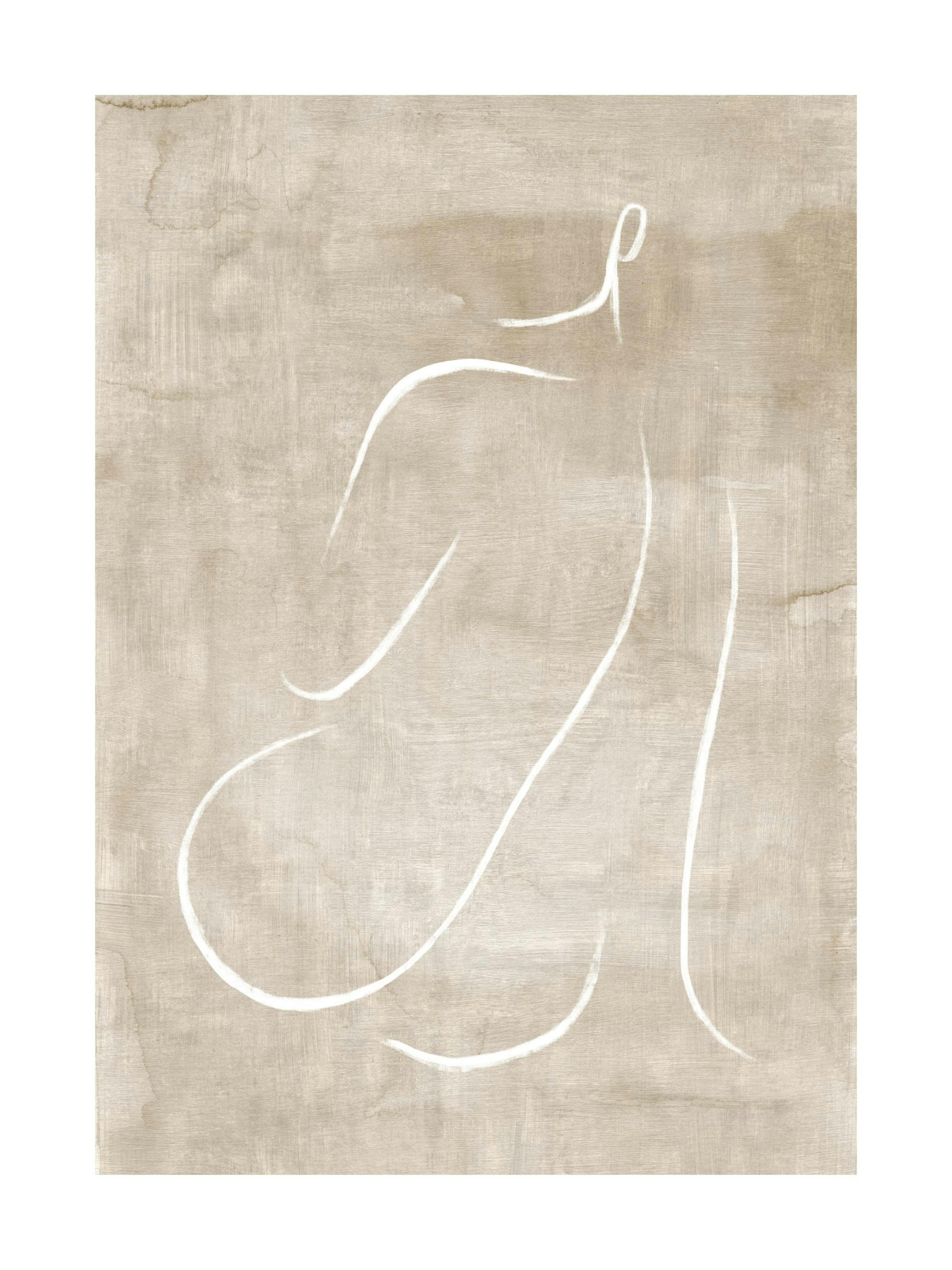 A poster featuring a minimalist white line art drawing of a seated nude figure on a distressed beige background.
