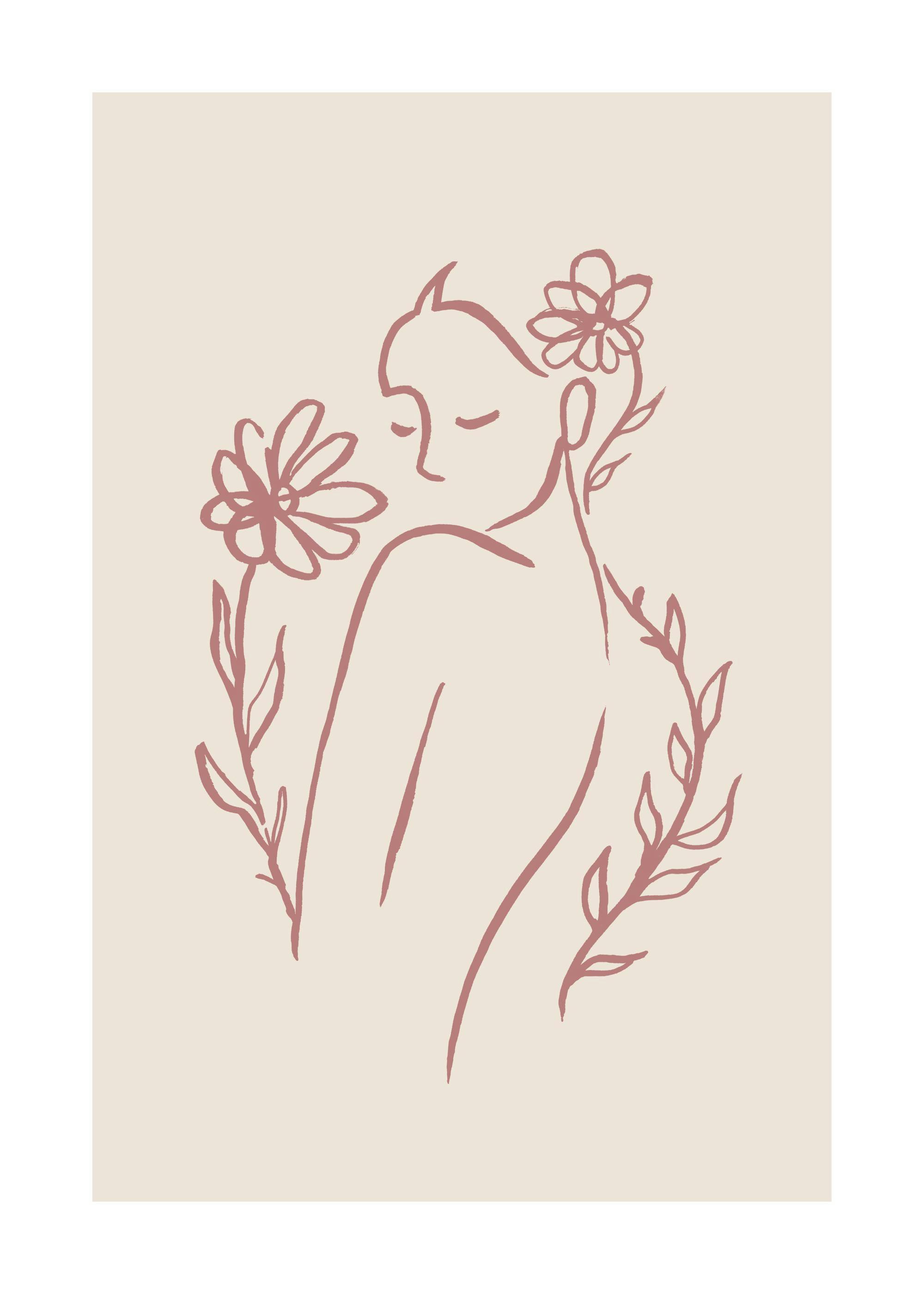 Een poster met een minimalistische lijntekening van een vrouwenlichaam met bloemen en bladeren in roodbruin op een beige achterg
