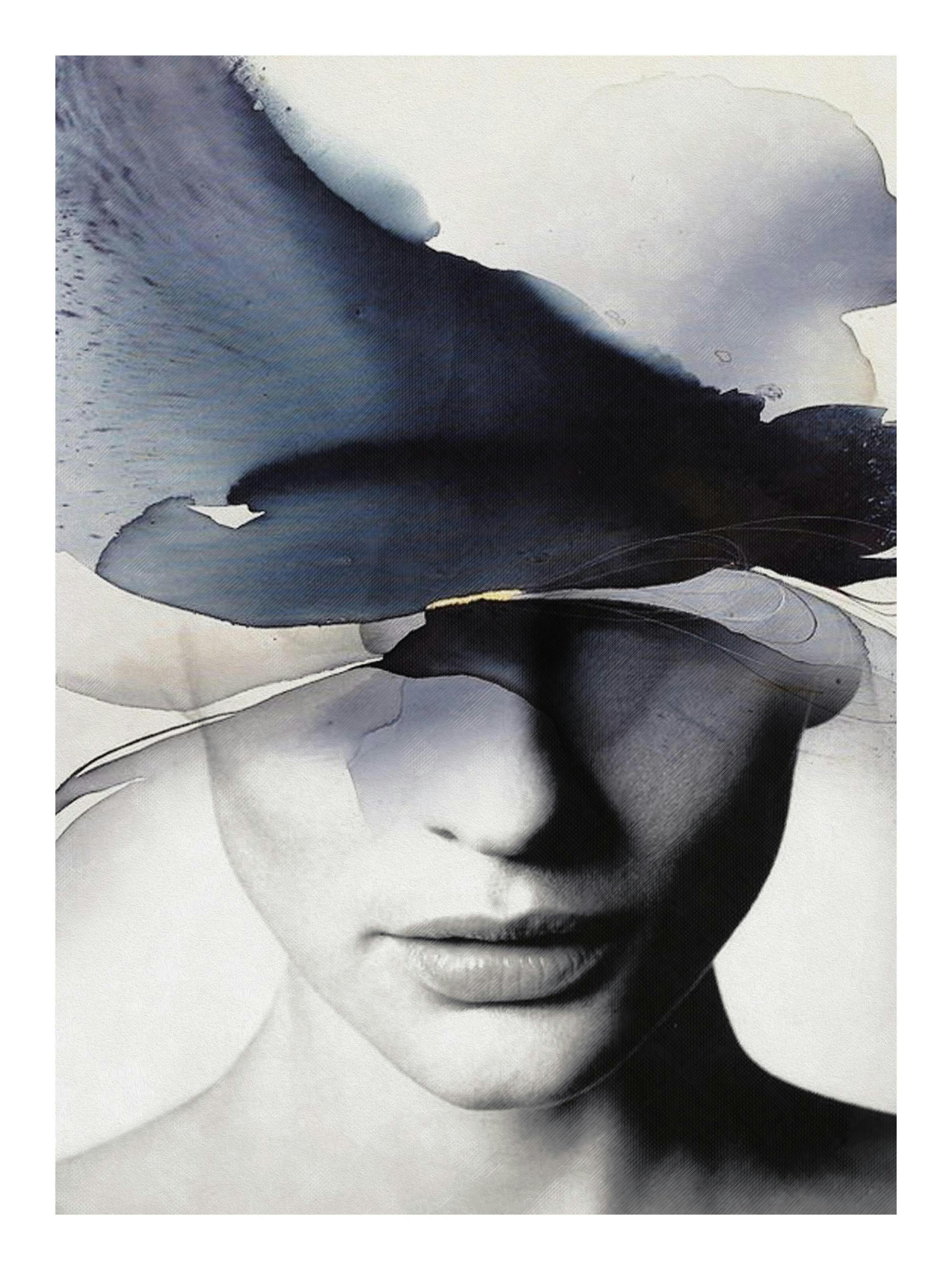 Poster abstrait dun visage de femme avec des formes fluides noires et grises, affiché dans une chambre moderne.