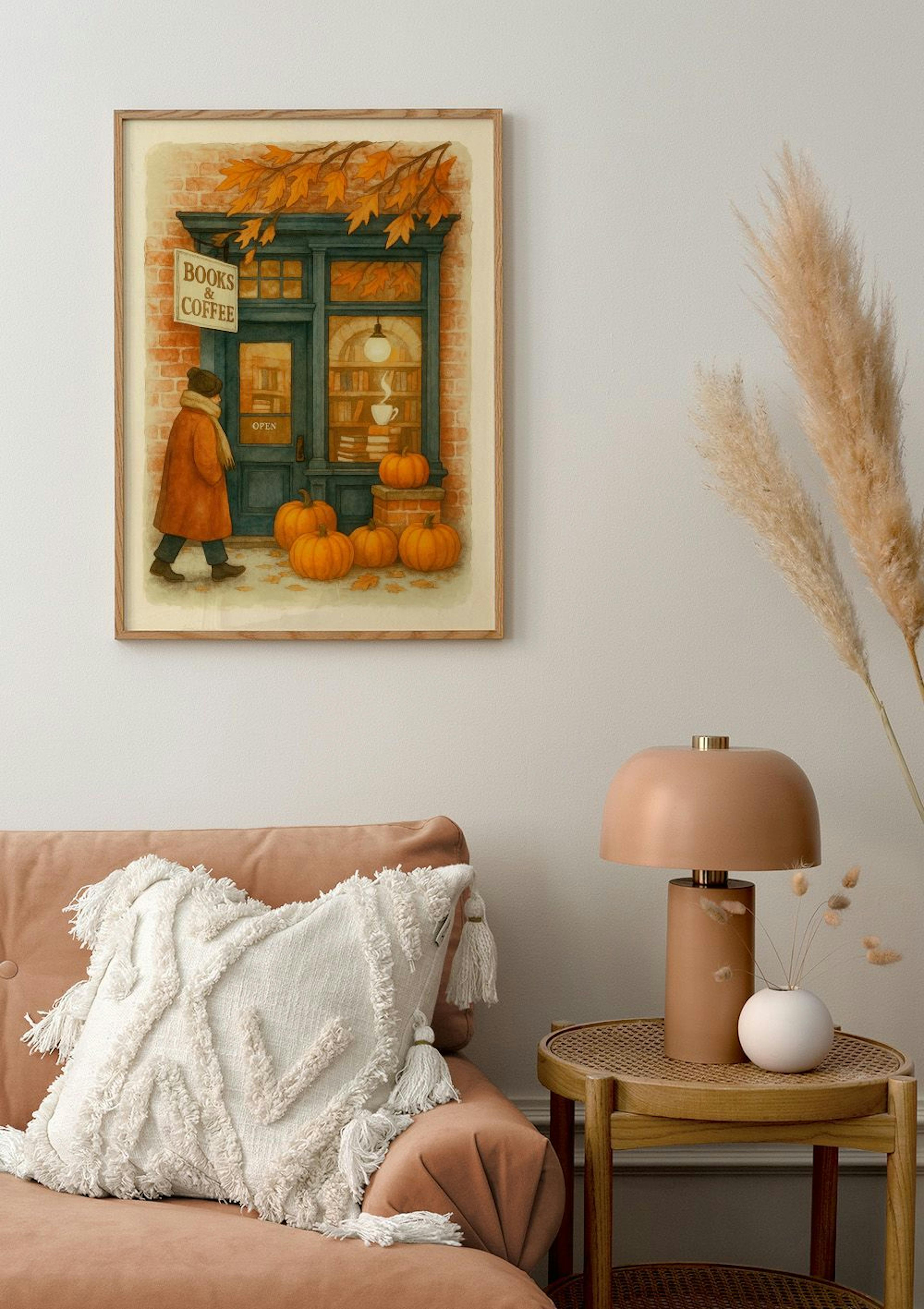 A watercolour poster of a person walking towards a book and coffee shop, adorned with autumn leaves and pumpkins, hanging above 