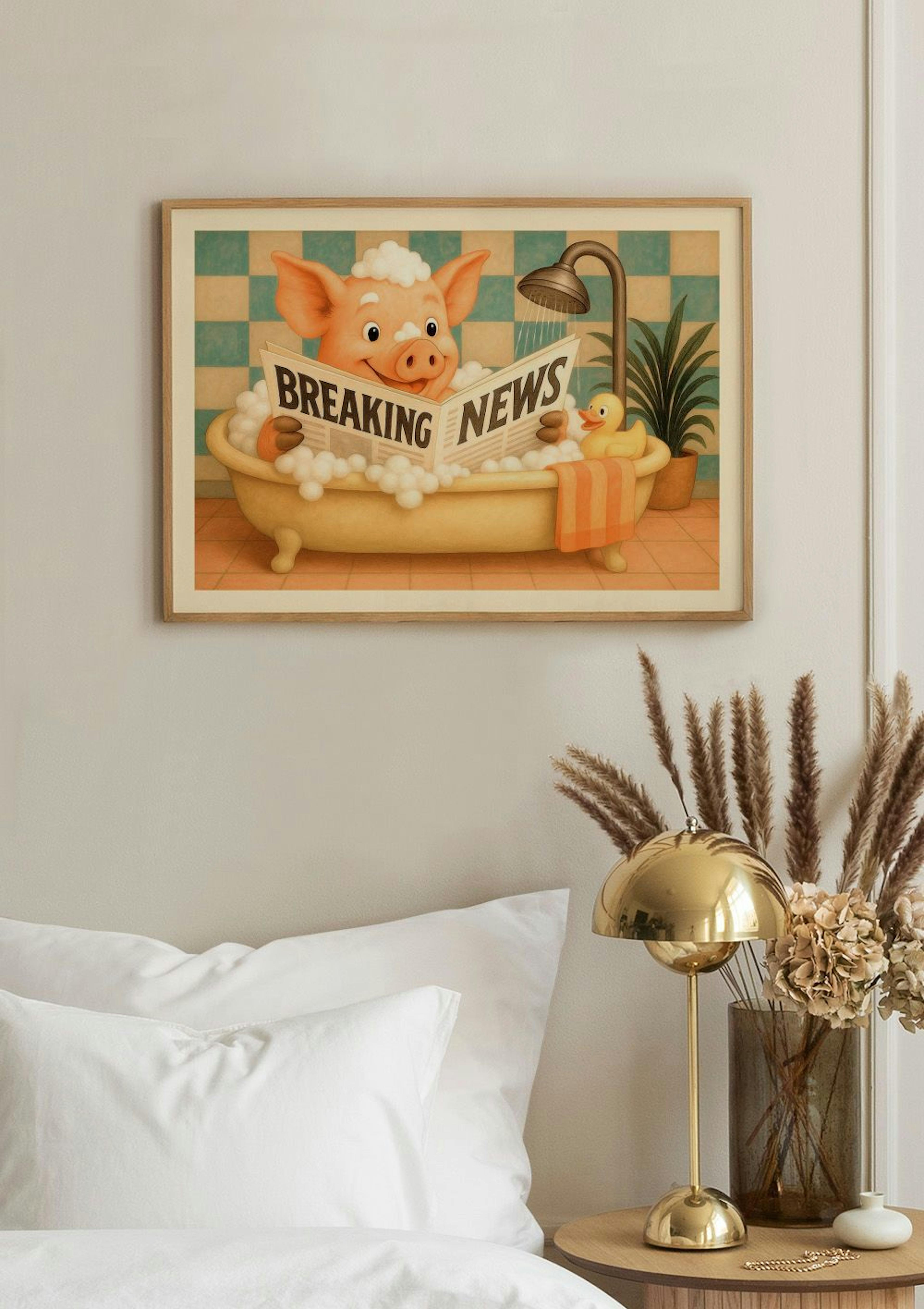 A whimsical poster of a pig in a bubble bath reading Breaking News, displayed above a bed in a bedroom.