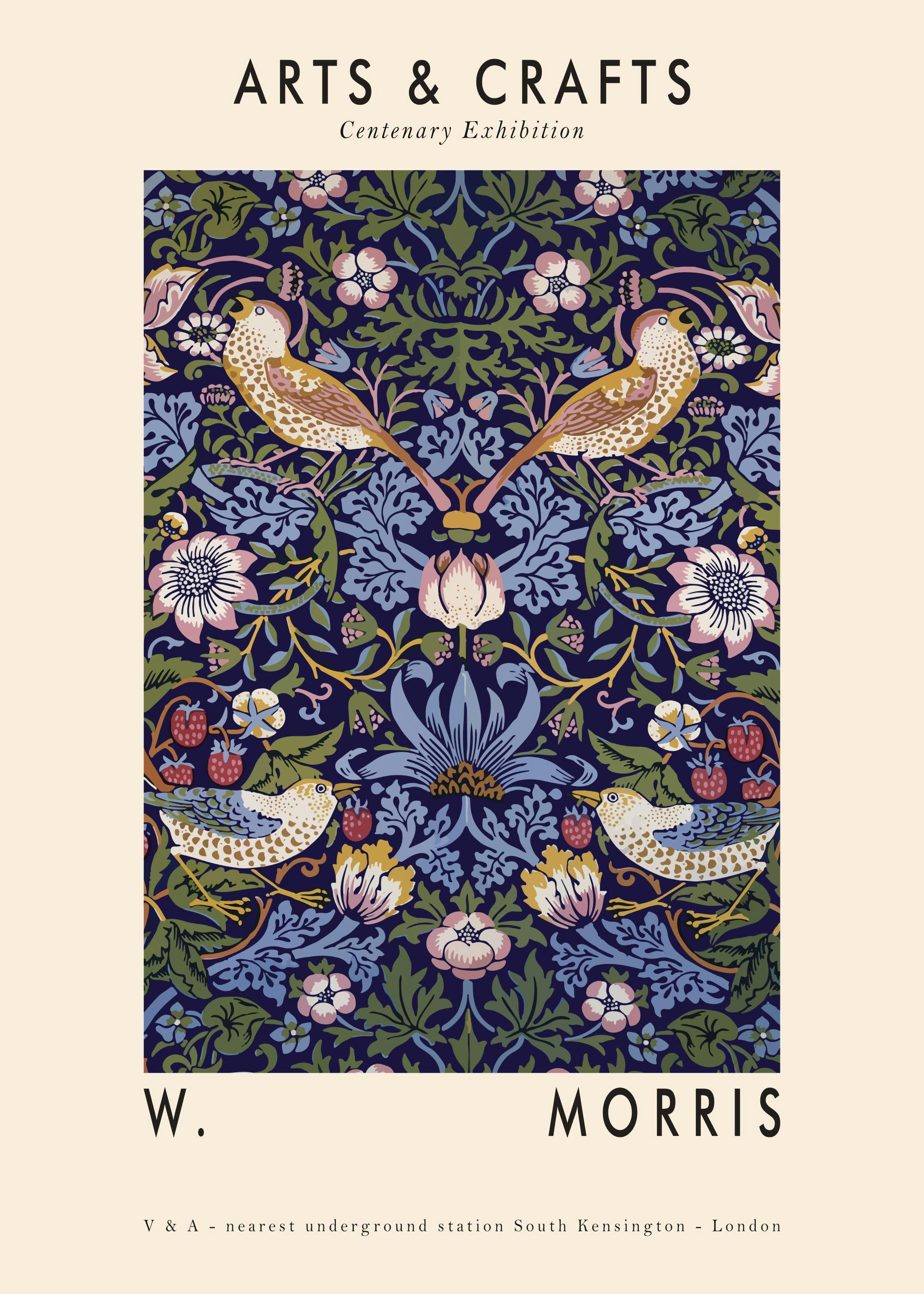 Poster William Morris Arts & Crafts avec motif floral détaillé et quatre oiseaux sur fond bleu foncé.